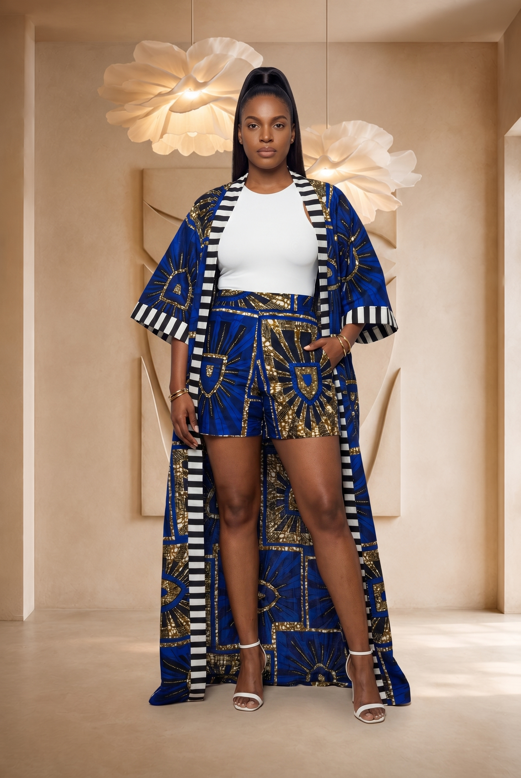 African print kimono set, blue kimono co-ord set, women’s summer co-ord, Ankara shorts set, luxury African fashion UK, bold summer outfit, colourful resort wear, statement kimono outfit, African print two-piece set, Seen in Colours collection, maxi kimono set for women.