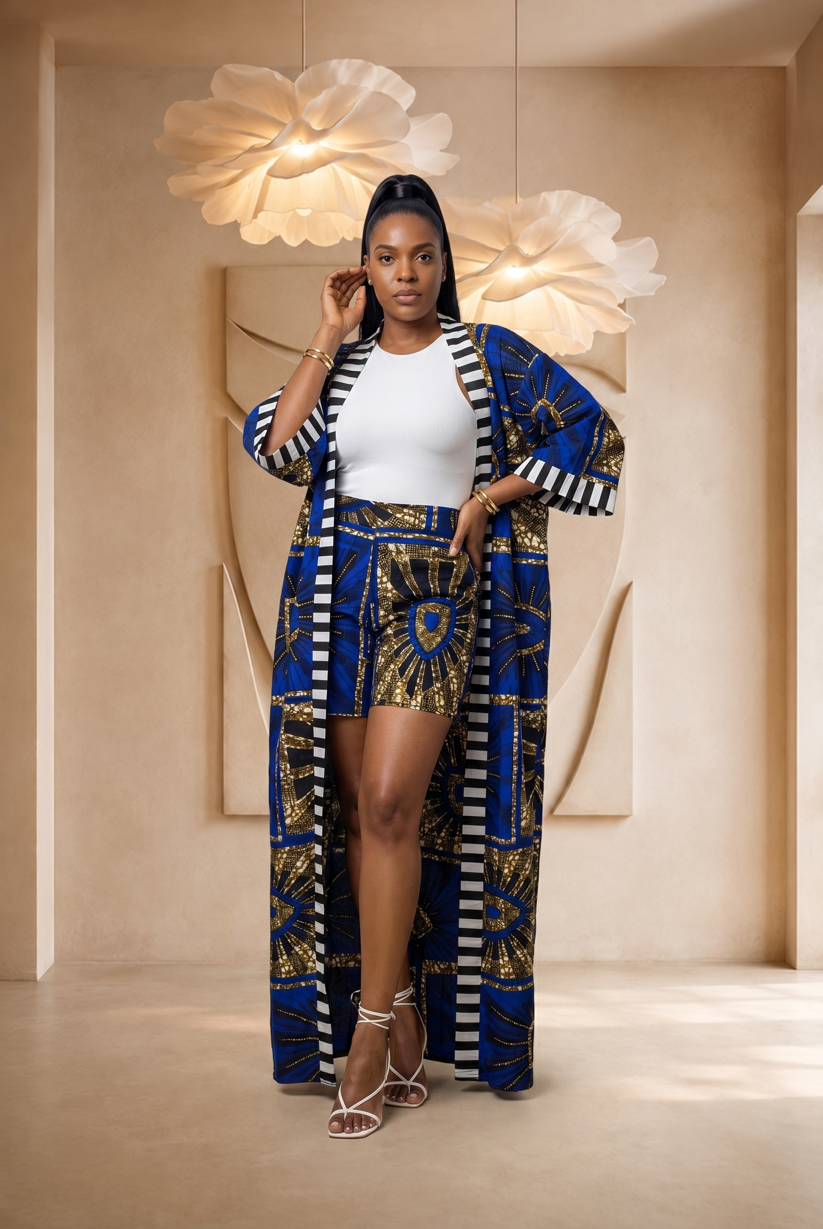 African print kimono set, blue kimono co-ord set, women’s summer co-ord, Ankara shorts set, luxury African fashion UK, bold summer outfit, colourful resort wear, statement kimono outfit, African print two-piece set, Seen in Colours collection, maxi kimono set for women.