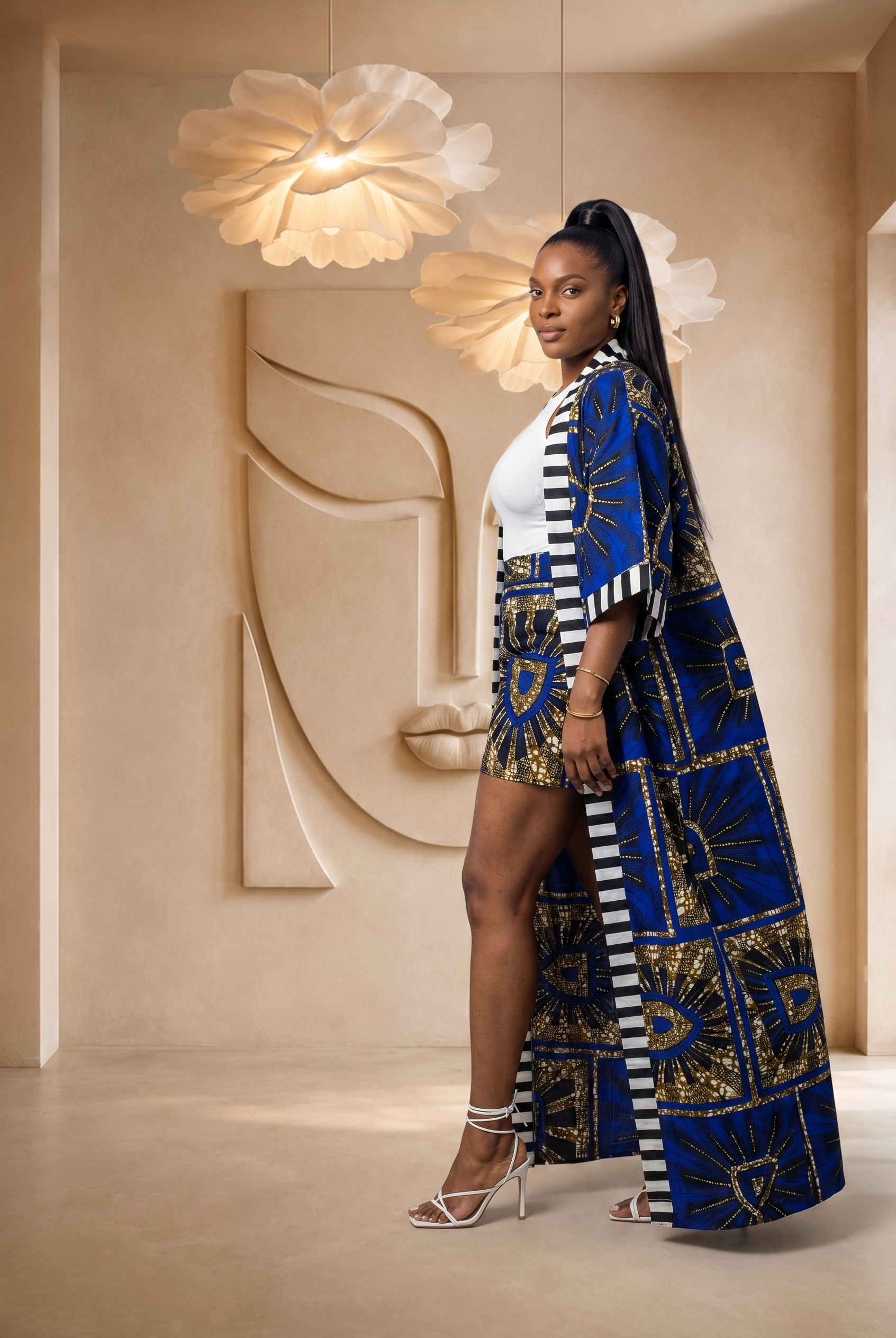 African print kimono set, blue kimono co-ord set, women’s summer co-ord, Ankara shorts set, luxury African fashion UK, bold summer outfit, colourful resort wear, statement kimono outfit, African print two-piece set, Seen in Colours collection, maxi kimono set for women.