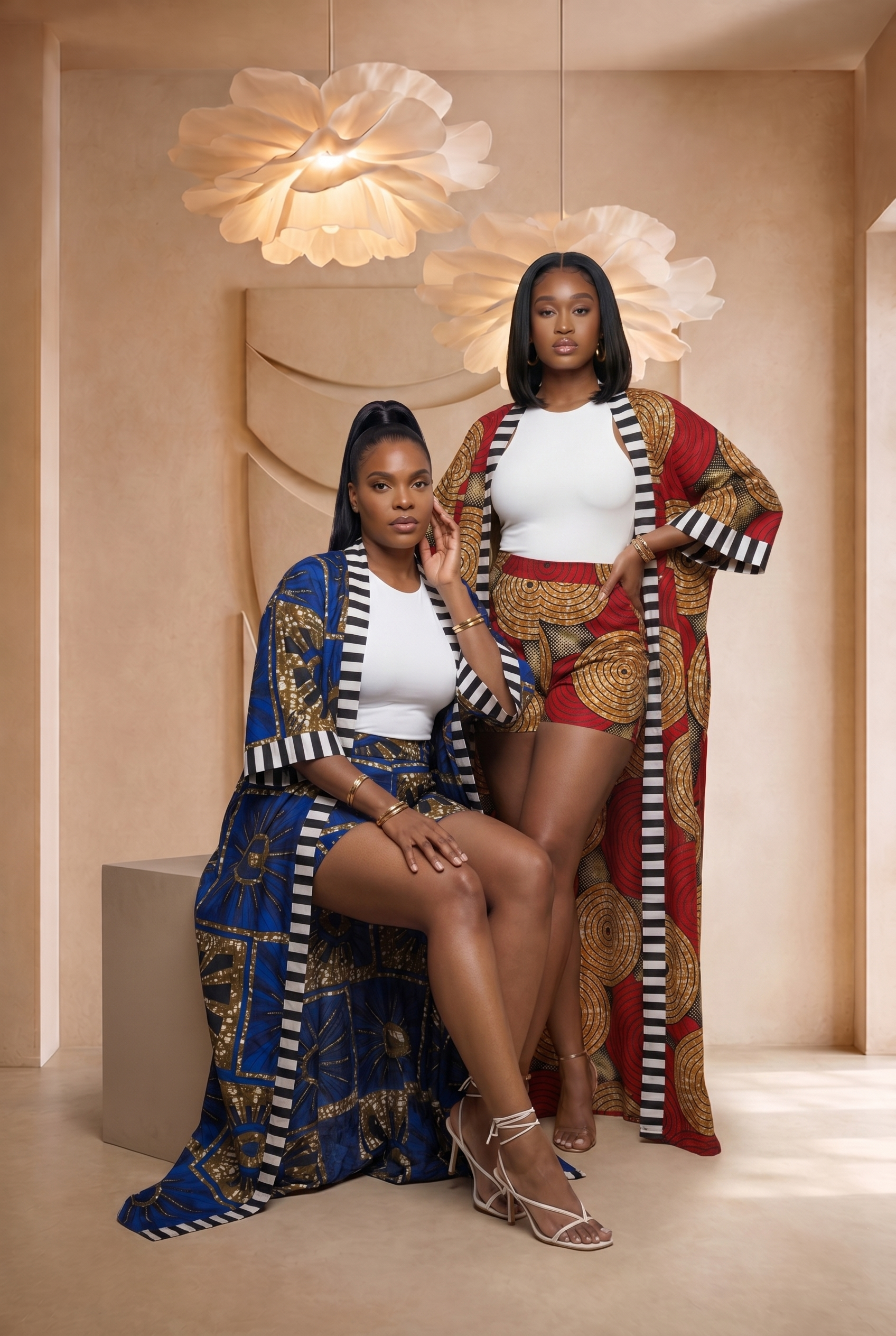 African print kimono set, blue kimono co-ord set, women’s summer co-ord, Ankara shorts set, luxury African fashion UK, bold summer outfit, colourful resort wear, statement kimono outfit, African print two-piece set, Seen in Colours collection, maxi kimono set for women.