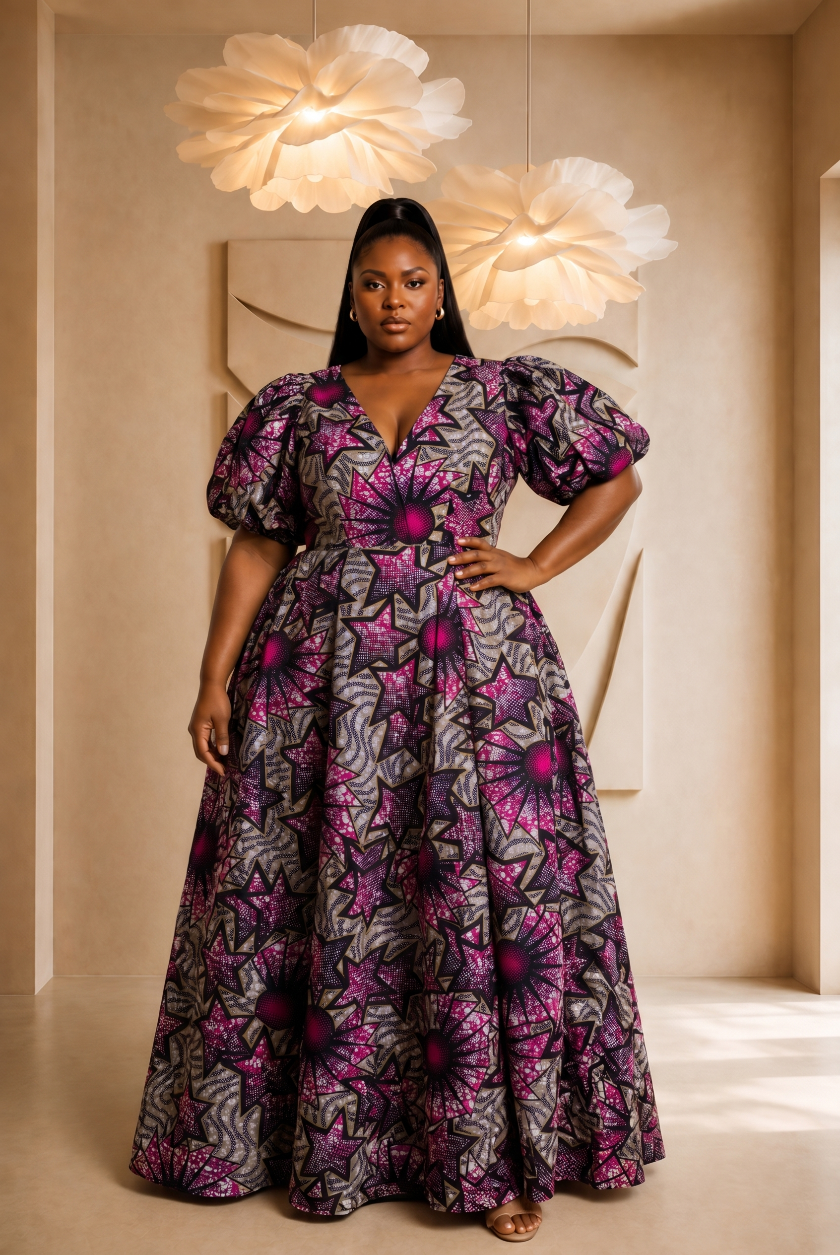African print maxi dress, plus size African fashion UK, puff sleeve maxi dress, colourful summer dress, statement occasion dress, luxury African clothing, vibrant maxi dress for women, African-inspired summer fashion, wedding guest dress UK, Seen in Colours collection.