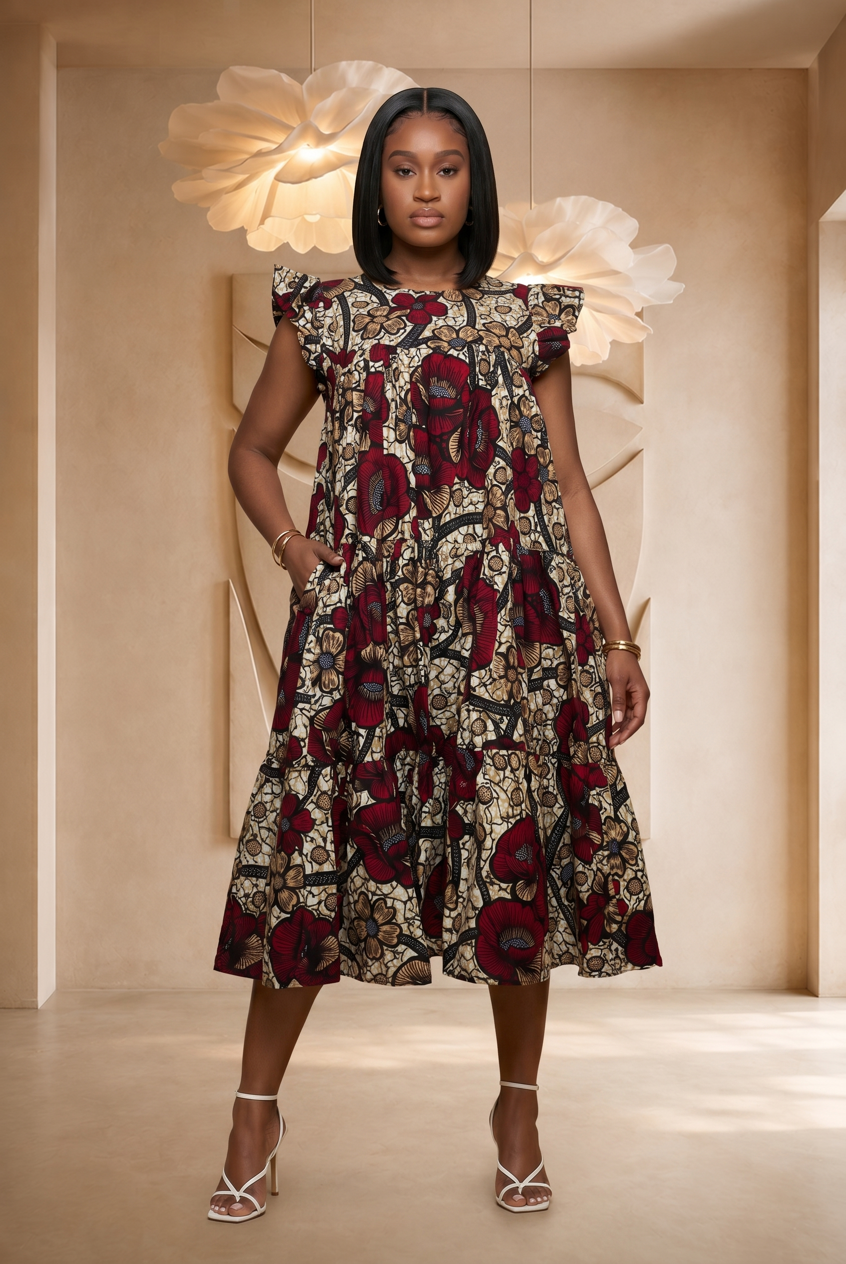 African print midi dress, tiered summer dress, casual African fashion UK, floral midi dress for women, relaxed fit summer dress, colourful everyday dress, African-inspired women’s clothing, breathable summer fashion, elegant midi dress UK