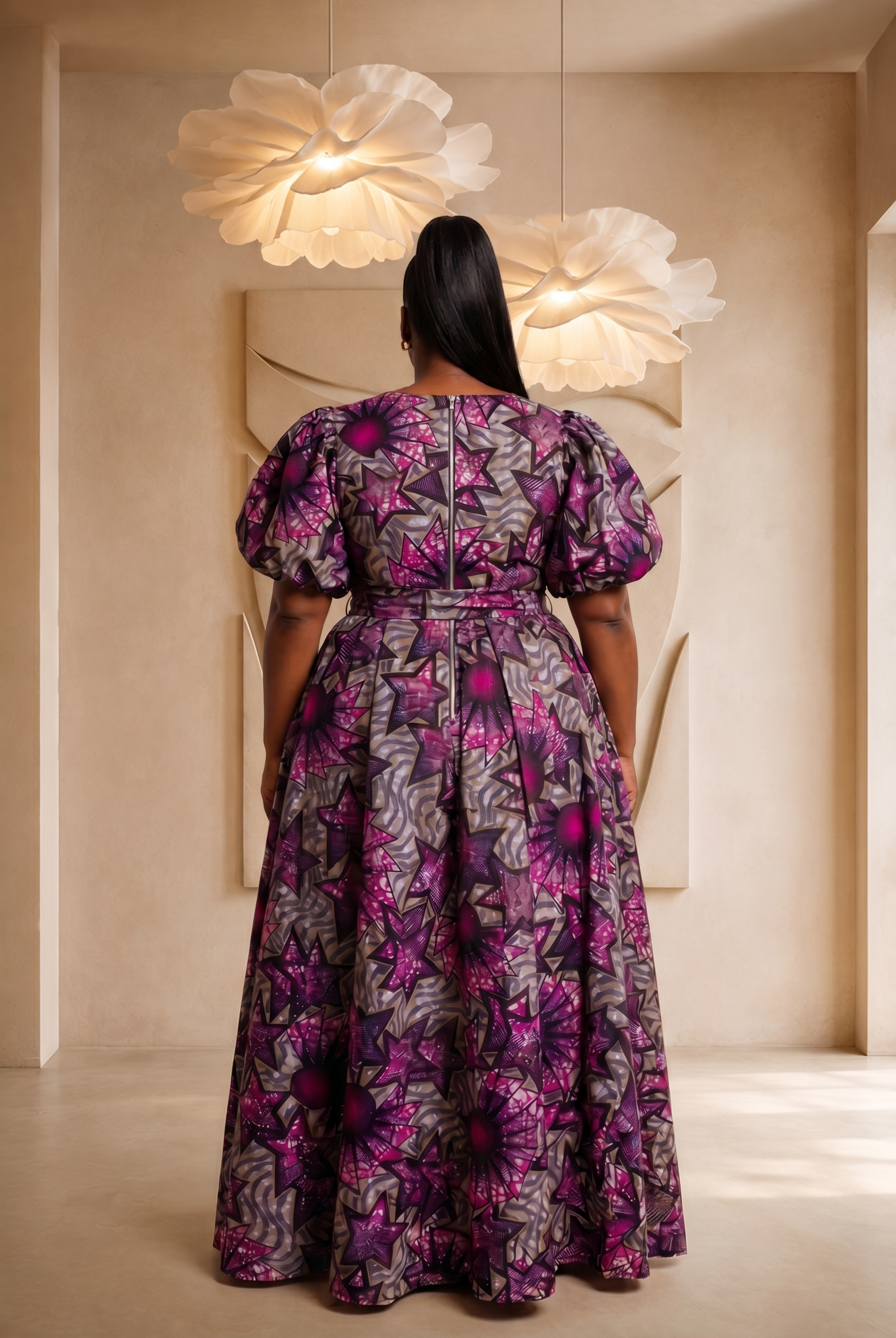 African print maxi dress, plus size African fashion UK, puff sleeve maxi dress, colourful summer dress, statement occasion dress, luxury African clothing, vibrant maxi dress for women, African-inspired summer fashion, wedding guest dress UK, Seen in Colours collection.
