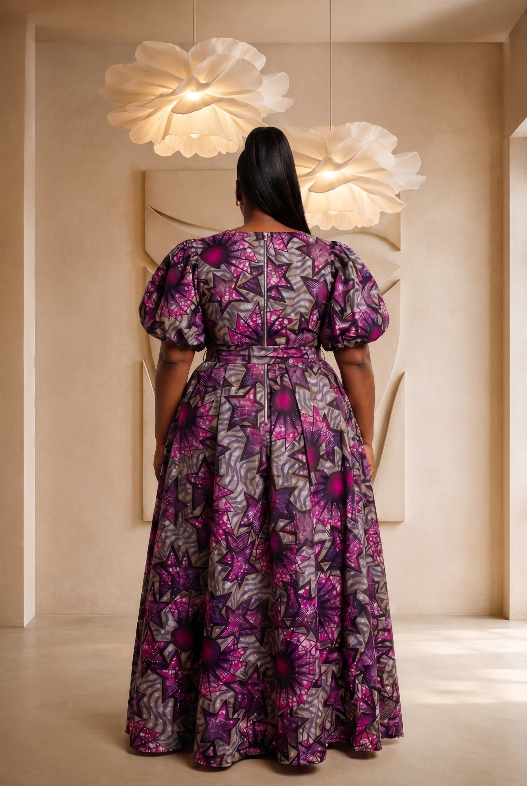 African print maxi dress, plus size African fashion UK, puff sleeve maxi dress, colourful summer dress, statement occasion dress, luxury African clothing, vibrant maxi dress for women, African-inspired summer fashion, wedding guest dress UK, Seen in Colours collection.