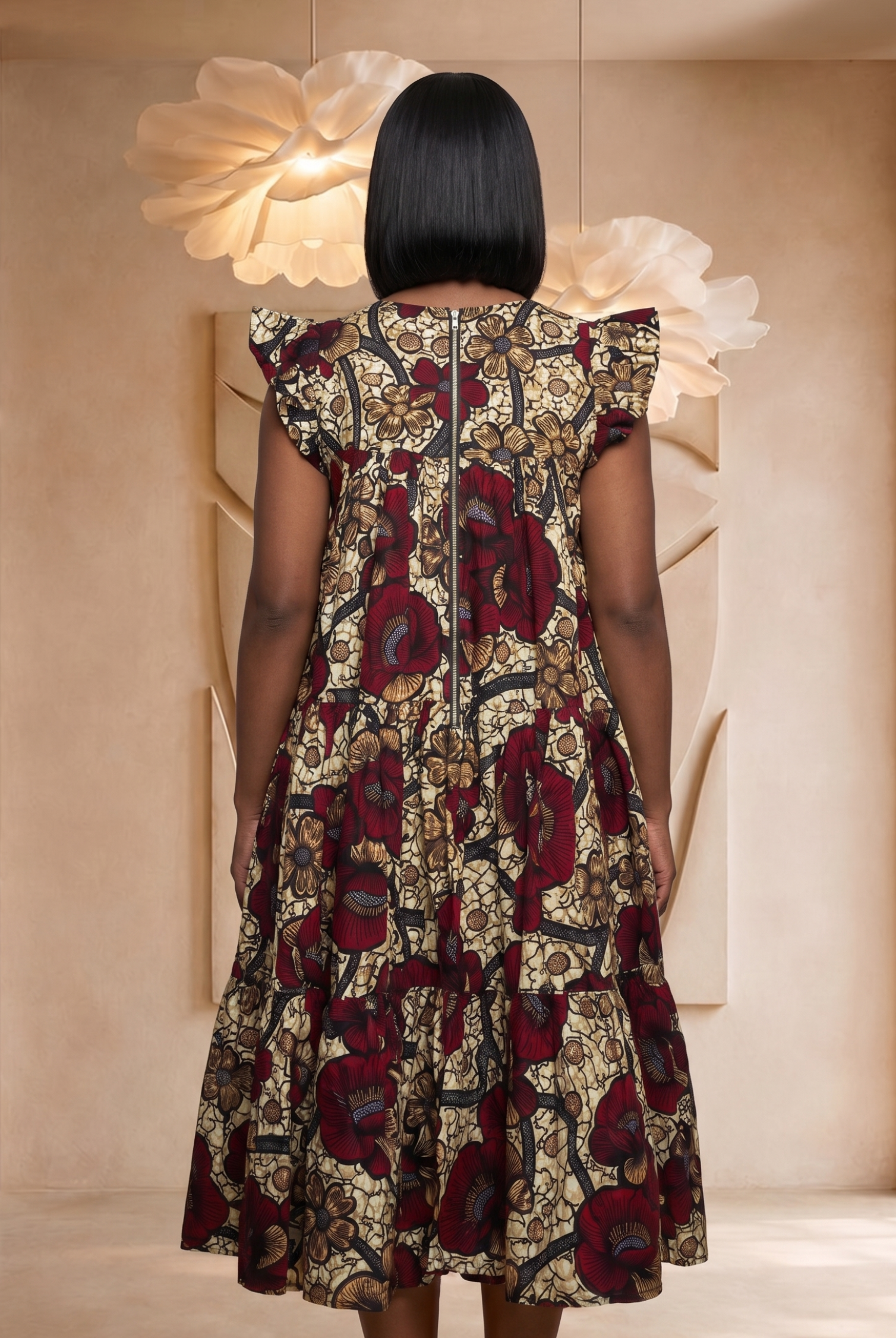 African print midi dress, tiered summer dress, casual African fashion UK, floral midi dress for women, relaxed fit summer dress, colourful everyday dress, African-inspired women’s clothing, breathable summer fashion, elegant midi dress UK