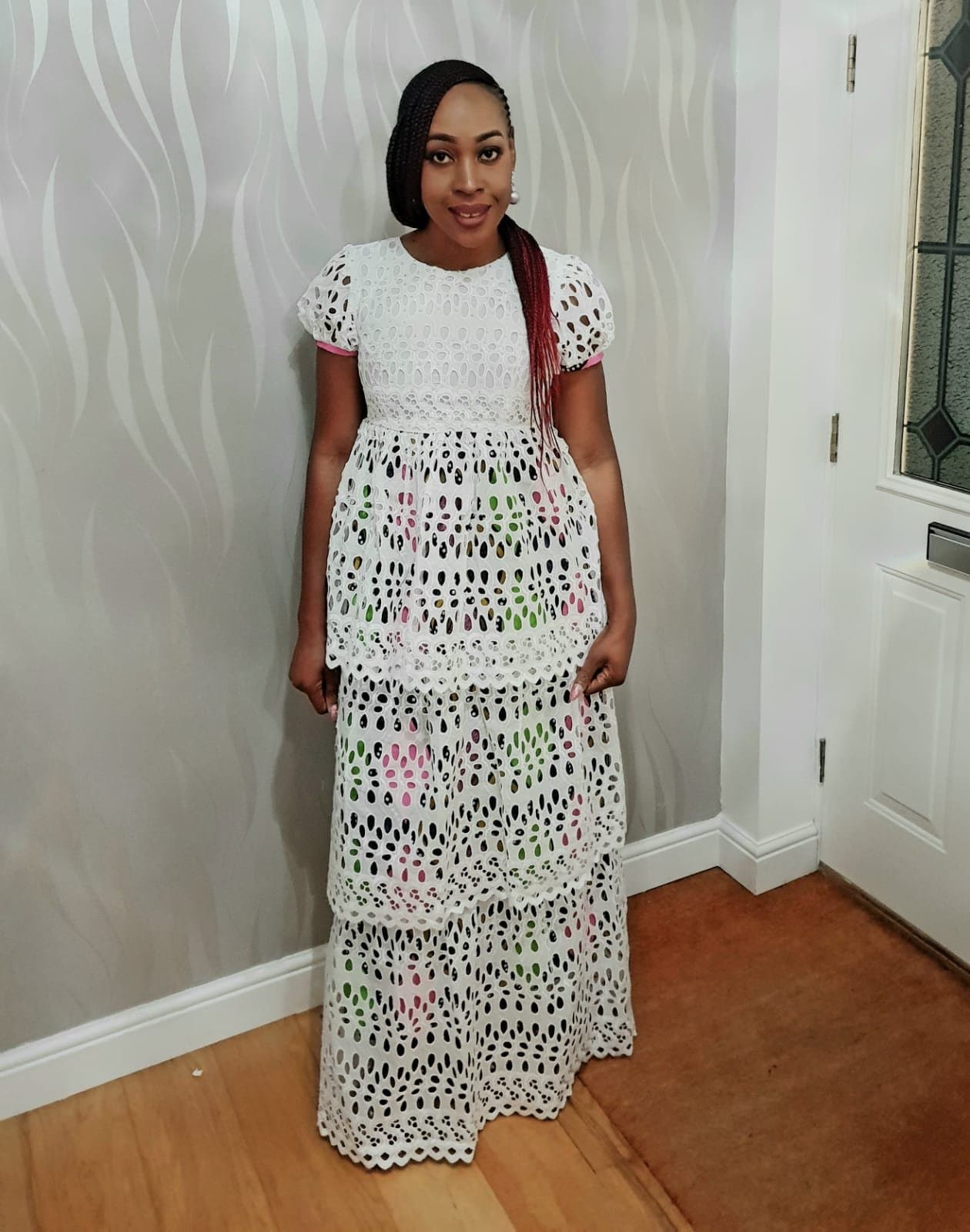 Embellished 3 Tier White Lace Maxi Dress with African Print Lining - African Clothing from CUMO LONDON