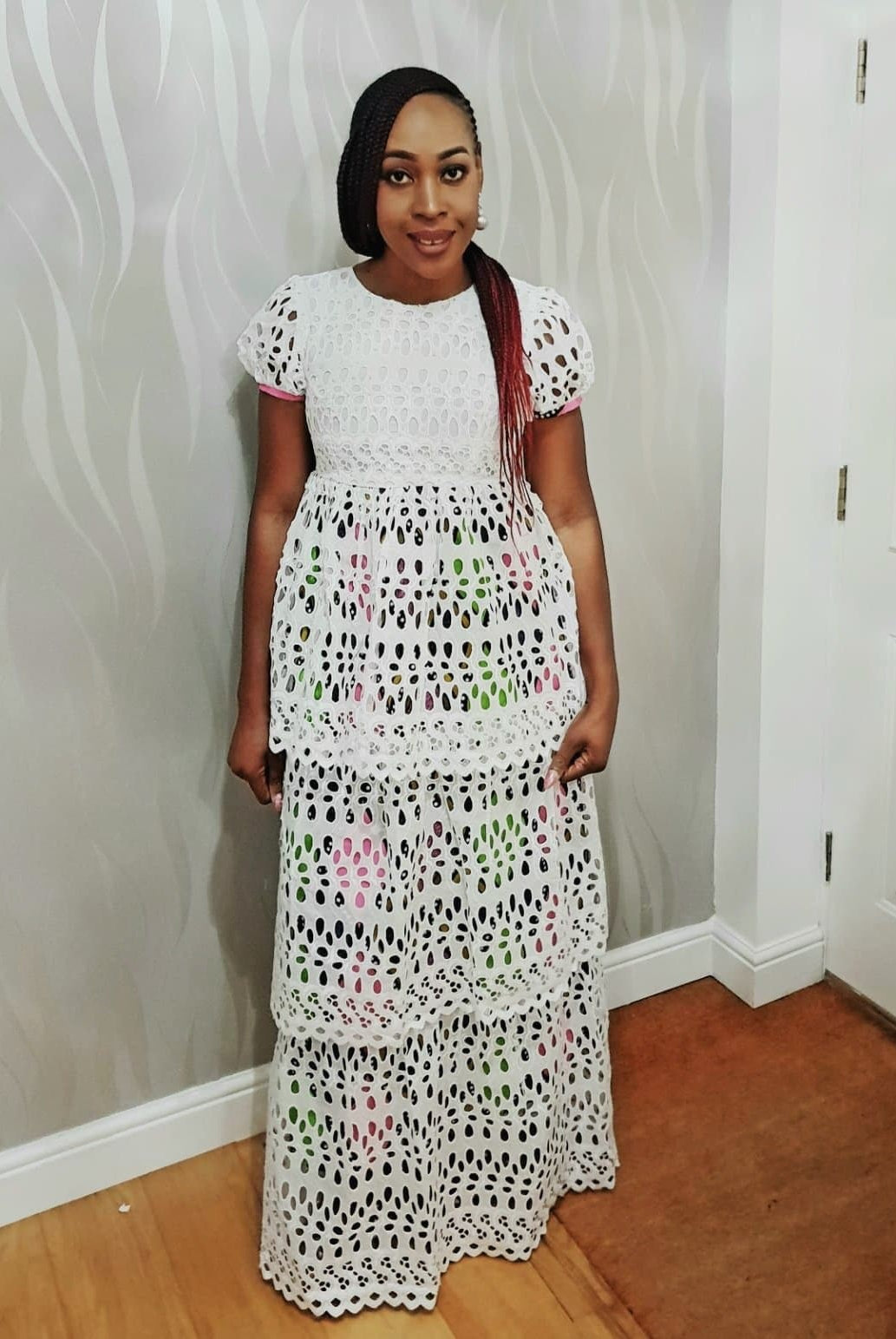 Embellished 3 Tier White Lace Maxi Dress with African Print Lining - African Clothing from CUMO LONDON