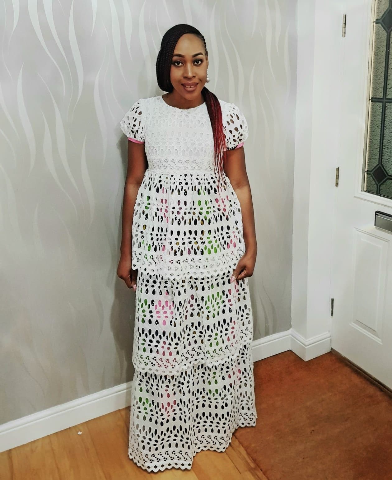 Embellished 3 Tier White Lace Maxi Dress with African Print Lining - African Clothing from CUMO LONDON