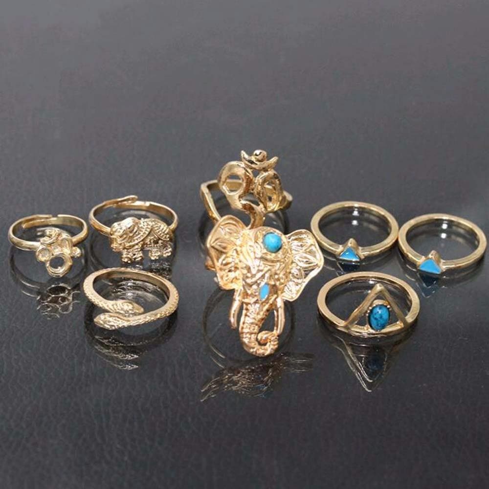8pcs Boho Retro Elephant Snake Blue Rings - African Clothing from CUMO LONDON