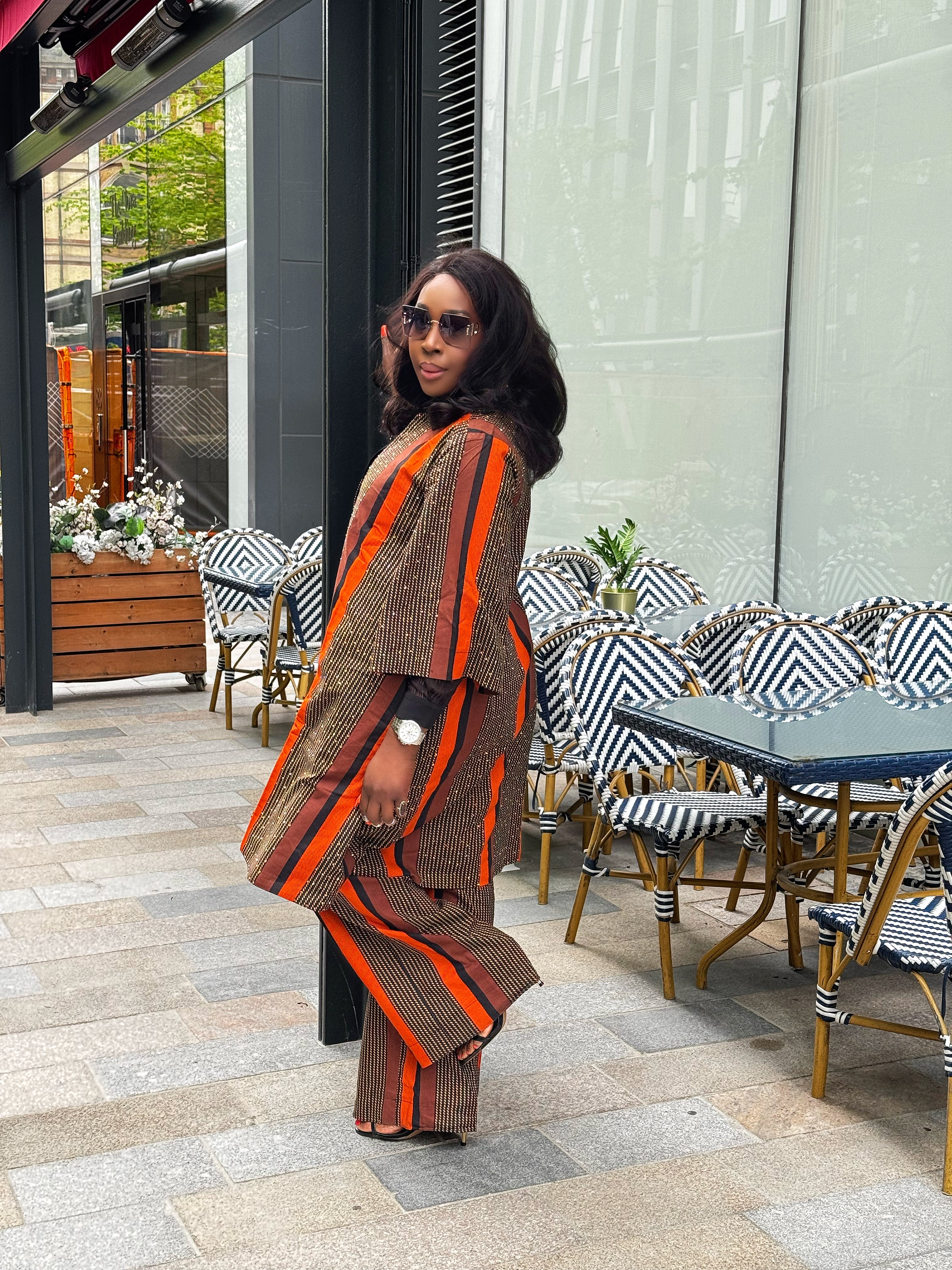 African Print outerwear | African print Jacket | Ankara kimono with headwrap| African Print Outerwear | Fall Fashion for African women | sustainable African Fashion | recycled African print clothing | Ethically sourced fashion | ethically sourced clothing | handmade clothing | African clothing for women | Ankara jacket | Tribal prints kimono | Floral African print clothing | Cotton Blazer | African print workwear | African clothing UK | Black-owned fashion brand | Kimono and Shorts set