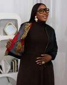 Reversible African Print Bomber Jacket with Black Viscose on the inner reverse | African print Biker Jacket | Ankara print Bomber Jacket | African Print Outerwear | African Winter  style for women | sustainable African Fashion | recycled African print clothing | Ethically sourced fashion | ethically sourced clothing | handmade clothing | African clothing for women | Ankara jacket | Tribal prints kimono | Floral African print clothing | Cotton Blazer | African print workwear | African clothing UK 