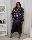 Reversible African Print Bomber Jacket with denim on the inner reverse | African print Biker Jacket | Ankara print Bomber Jacket | African Print Outerwear | African Winter  style for women | sustainable African Fashion | recycled African print clothing | Ethically sourced fashion | ethically sourced clothing | handmade clothing | African clothing for women | Ankara jacket | Tribal prints kimono | Floral African print clothing | Cotton Blazer | African print workwear | African clothing UK 