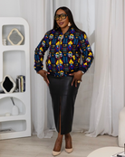 Reversible African Print Bomber Jacket with Denim on the inner reverse | African print Biker Jacket | Ankara print Bomber Jacket | African Print Outerwear | African Winter  style for women | sustainable African Fashion | recycled African print clothing | Ethically sourced fashion | ethically sourced clothing | handmade clothing | African clothing for women | Ankara jacket | Tribal prints kimono | Floral African print clothing | Cotton Blazer | African print workwear | African clothing UK 