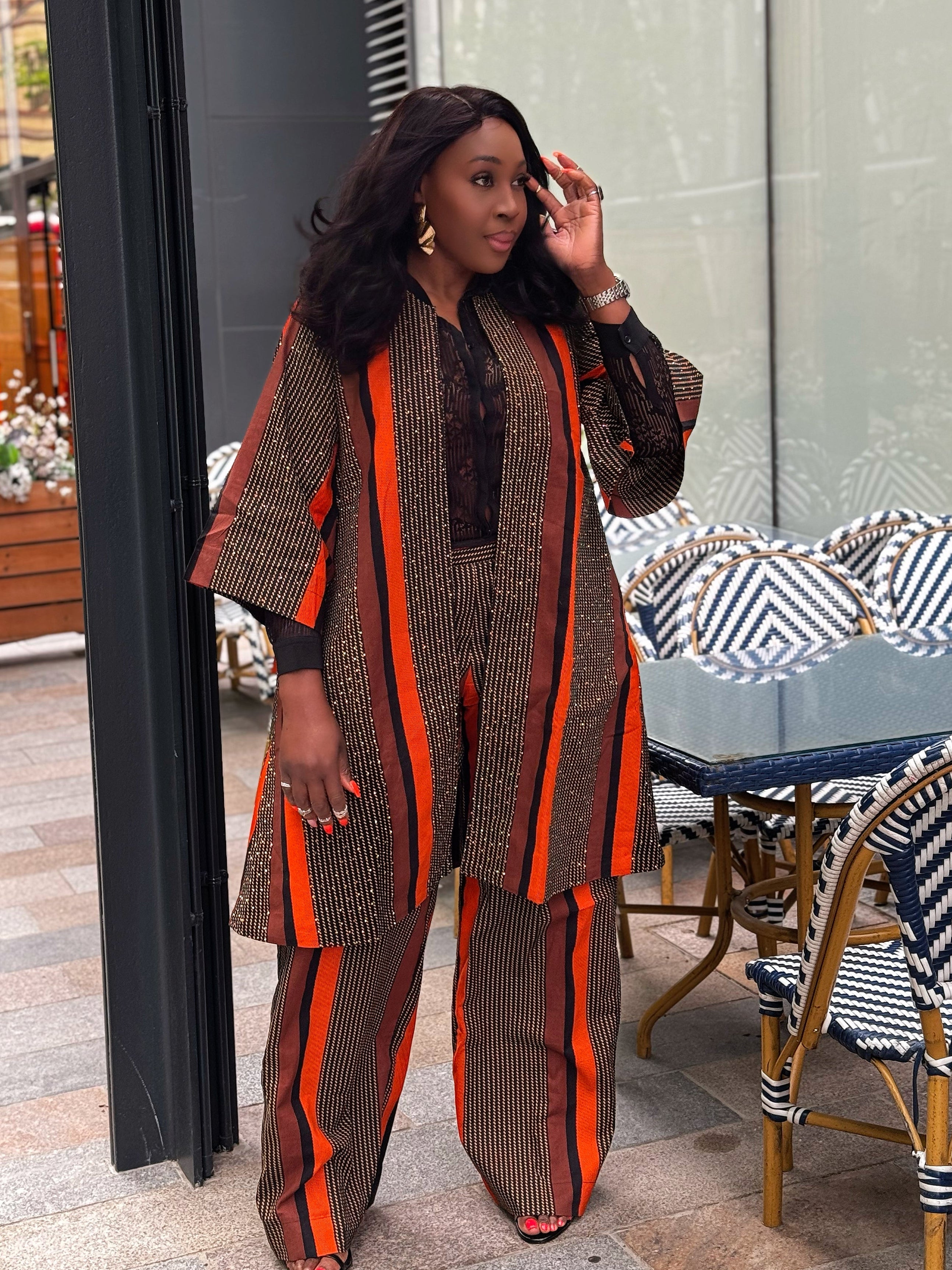 African Print outerwear | African print Jacket | Ankara kimono with headwrap| African Print Outerwear | Fall Fashion for African women | sustainable African Fashion | recycled African print clothing | Ethically sourced fashion | ethically sourced clothing | handmade clothing | African clothing for women | Ankara jacket | Tribal prints kimono | Floral African print clothing | Cotton Blazer | African print workwear | African clothing UK | Black-owned fashion brand | Kimono and Shorts set