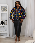 Reversible African Print Bomber Jacket with Denim on the inner reverse | African print Biker Jacket | Ankara print Bomber Jacket | African Print Outerwear | African Winter  style for women | sustainable African Fashion | recycled African print clothing | Ethically sourced fashion | ethically sourced clothing | handmade clothing | African clothing for women | Ankara jacket | Tribal prints kimono | Floral African print clothing | Cotton Blazer | African print workwear | African clothing UK 