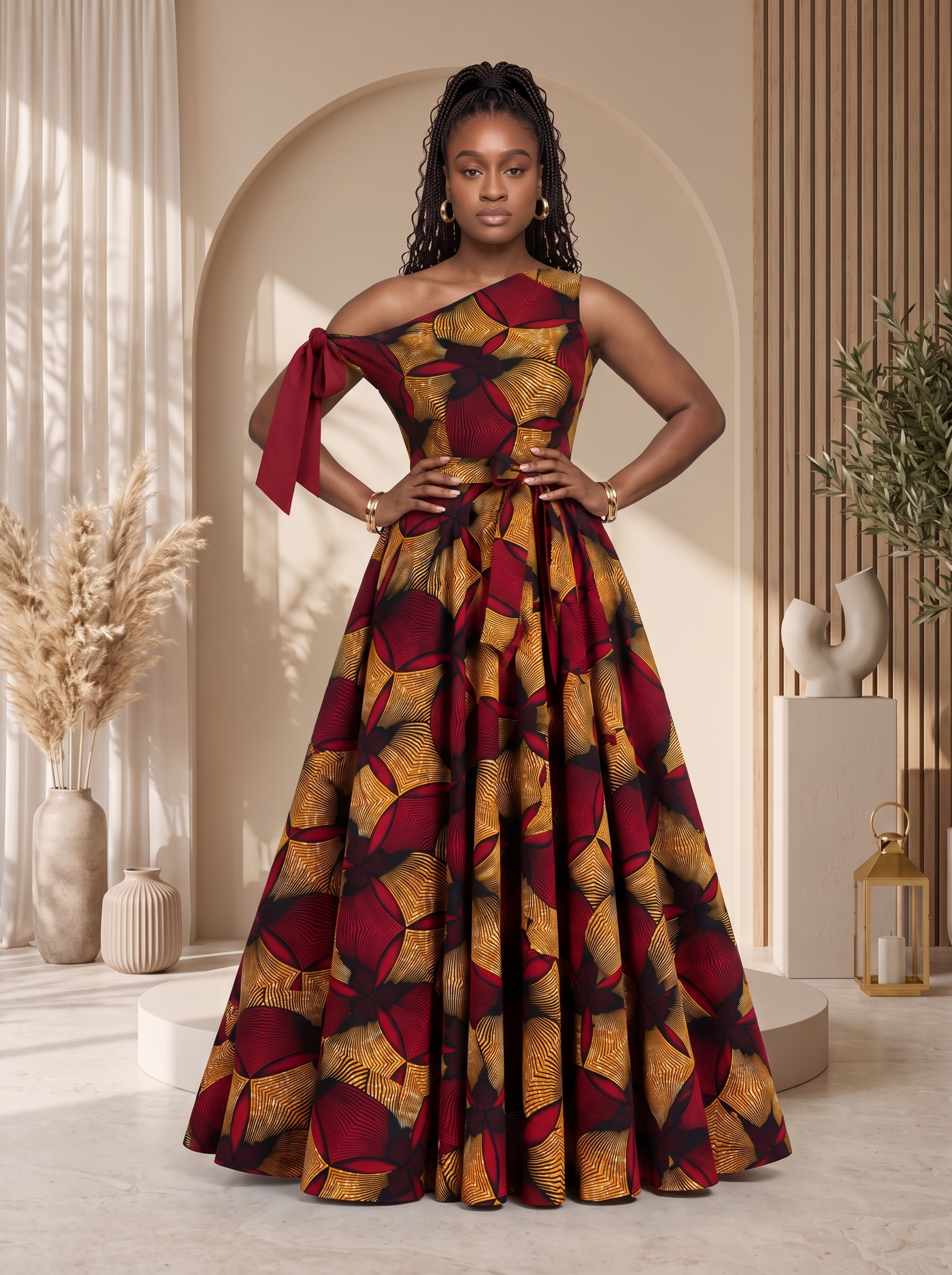 Asymmetric African Print Maxi dress perfect for any special occasion, African print maxi gown, plus size African fashion UK, puff sleeve maxi dress, colourful summer dress, statement occasion dress, luxury African clothing, vibrant maxi dress for women, African-inspired summer fashion, wedding guest dress UK, Celebrate Black History Month with Culture Dresses from CUMO London 