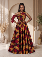 Asymmetric African Print Maxi dress perfect for any special occasion, African print maxi gown, plus size African fashion UK, puff sleeve maxi dress, colourful summer dress, statement occasion dress, luxury African clothing, vibrant maxi dress for women, African-inspired summer fashion, wedding guest dress UK, Celebrate Black History Month with Culture Dresses from CUMO London 