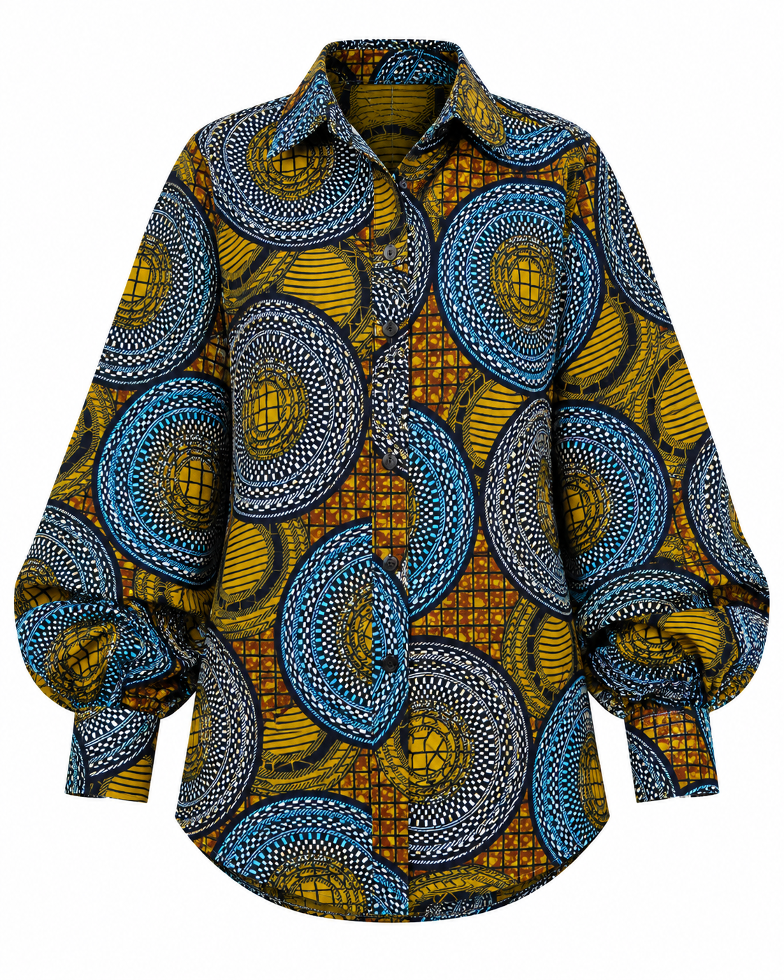 A long-sleeve button-up shirt featuring a bold African wax print pattern with blue, yellow, and black circular motifs, displayed on a clean white background.