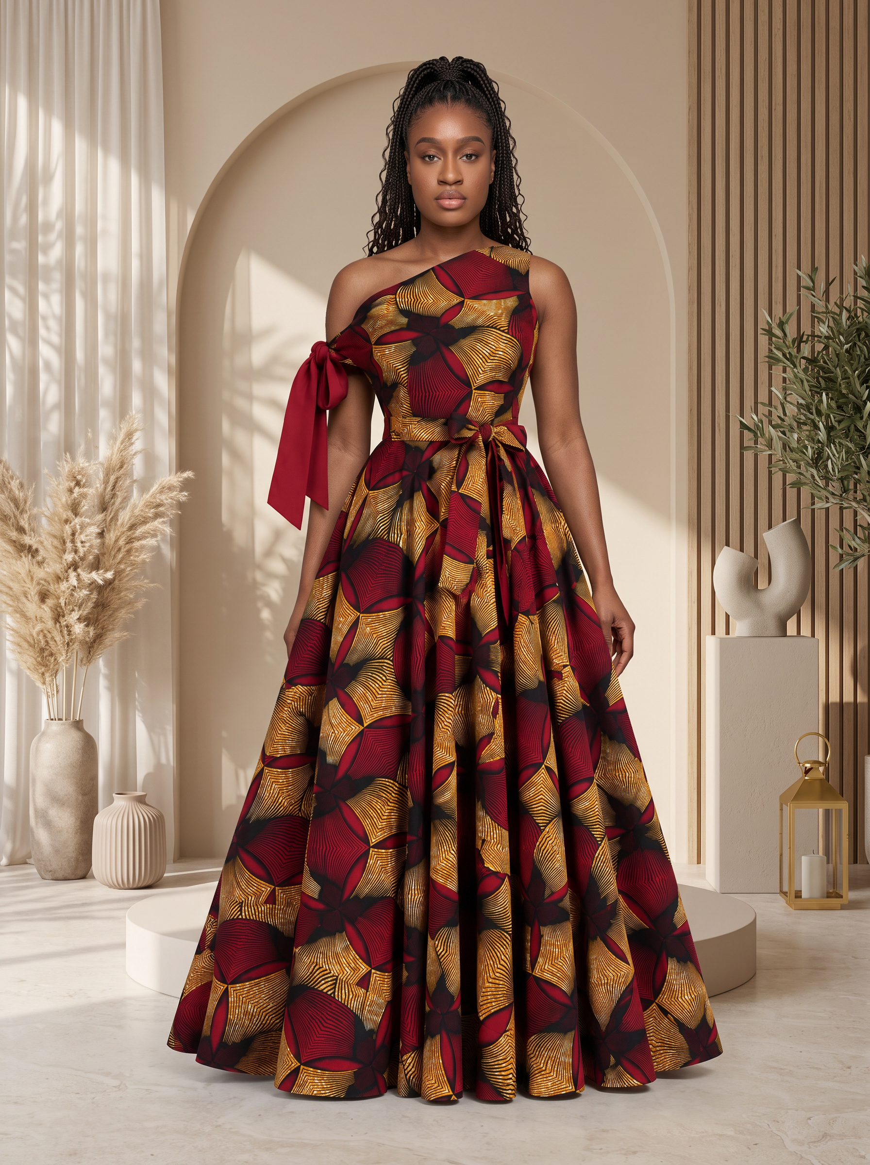 Asymmetric African Print Maxi dress perfect for any special occasion, African print maxi gown, plus size African fashion UK, puff sleeve maxi dress, colourful summer dress, statement occasion dress, luxury African clothing, vibrant maxi dress for women, African-inspired summer fashion, wedding guest dress UK, Celebrate Black History Month with Culture Dresses from CUMO London 