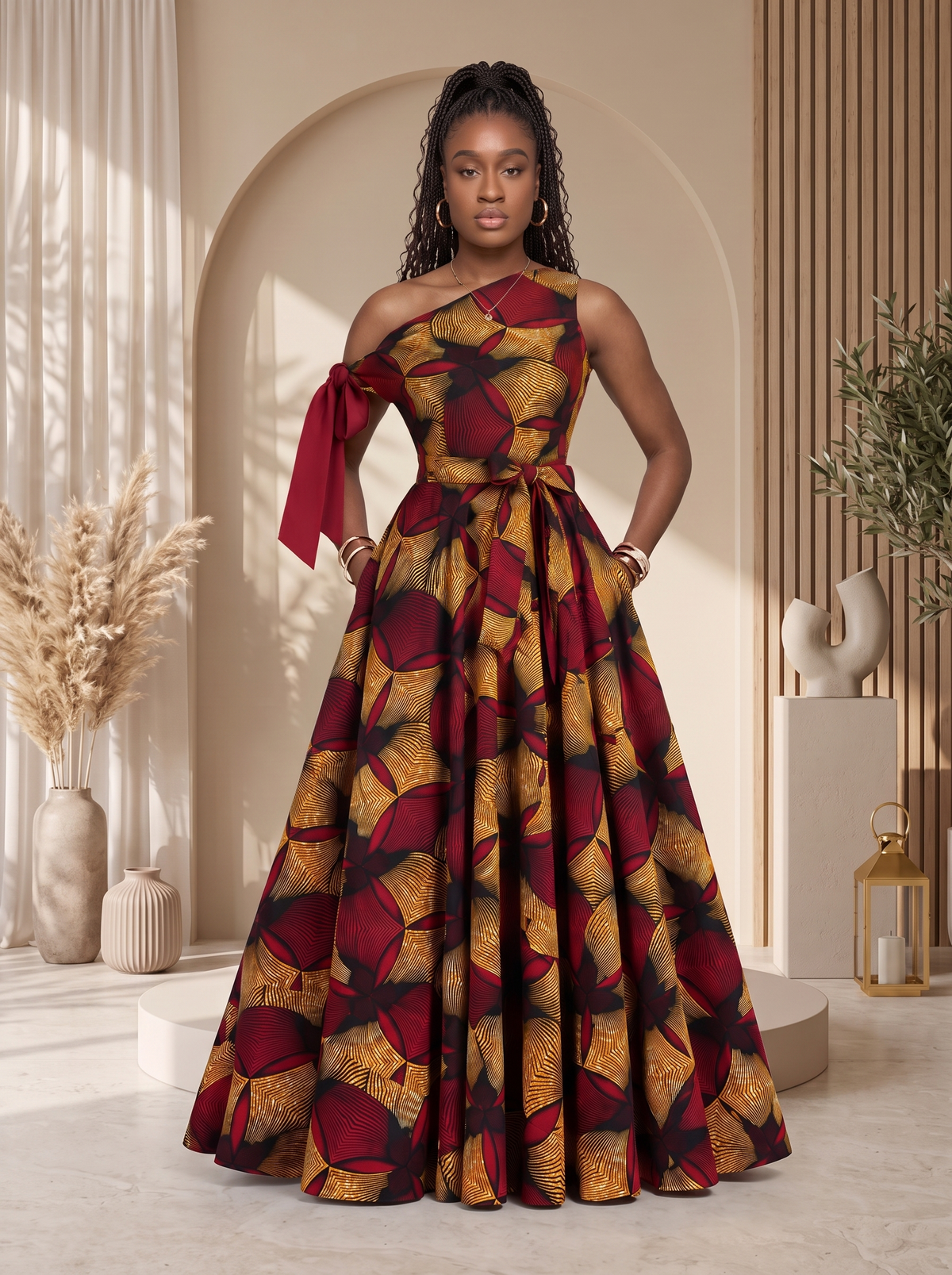 An African model wearing a floor-length off-the-shoulder gown with a bold abstract floral print in deep red, mustard yellow, and brown tones. Asymmetric African Print Maxi dress perfect for any special occasion, African print maxi gown, plus size African fashion UK, puff sleeve maxi dress, colourful summer dress, statement occasion dress, luxury African clothing, vibrant maxi dress for women, African-inspired summer fashion, wedding guest dress UK, Celebrate Black History Month with Culture Dresses