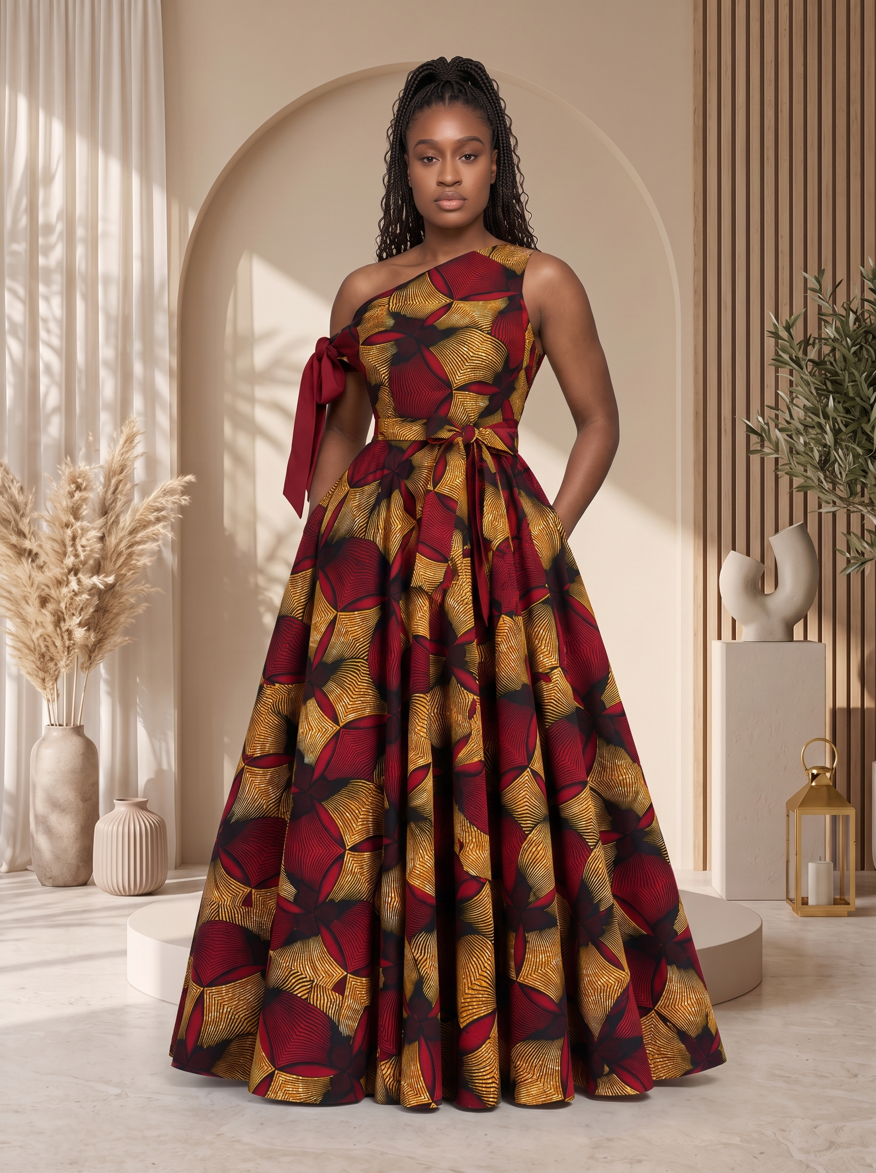 Asymmetric African Print Maxi dress perfect for any special occasion, African print maxi gown, plus size African fashion UK, puff sleeve maxi dress, colourful summer dress, statement occasion dress, luxury African clothing, vibrant maxi dress for women, African-inspired summer fashion, wedding guest dress UK, Celebrate Black History Month with Culture Dresses from CUMO London 