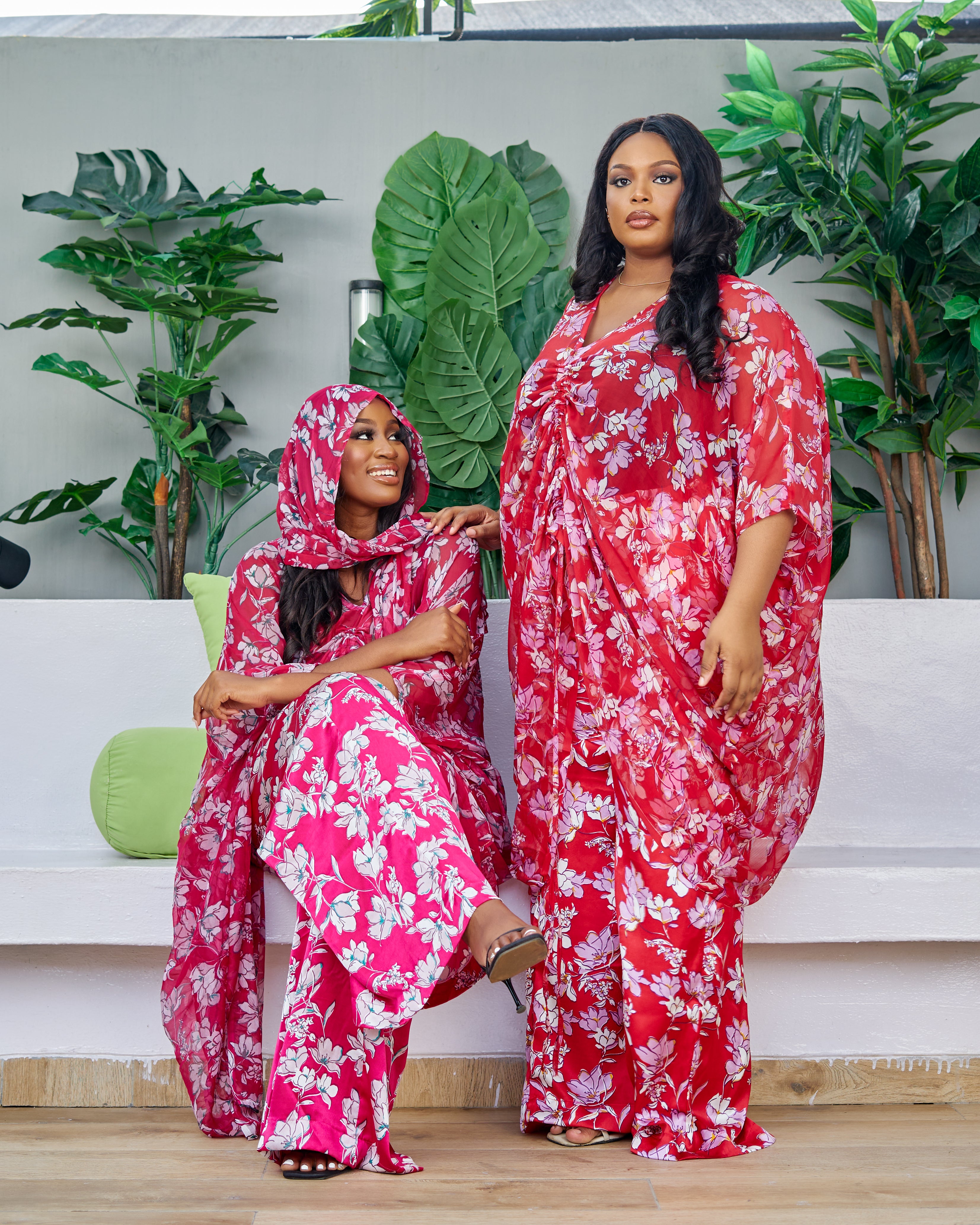 3pc Drawstring African Print Chiffon Kaftan top and Trouser Set