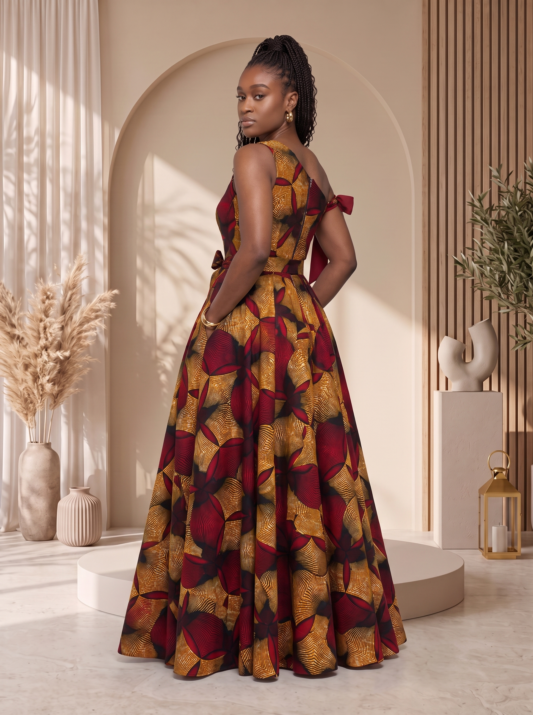Asymmetric African Print Maxi dress perfect for any special occasion, African print maxi gown, plus size African fashion UK, puff sleeve maxi dress, colourful summer dress, statement occasion dress, luxury African clothing, vibrant maxi dress for women, African-inspired summer fashion, wedding guest dress UK, Celebrate Black History Month with Culture Dresses from CUMO London 