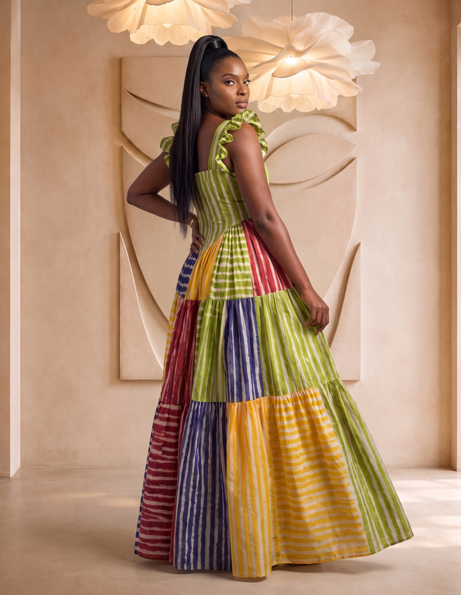 Woman wearing a colorful patchwork dress in an elegant indoor setting. African print maxi dress from CUMO London, trendy African clothing, summer outfits perfect for summer. Tiered maxi dress handmade with Adire
