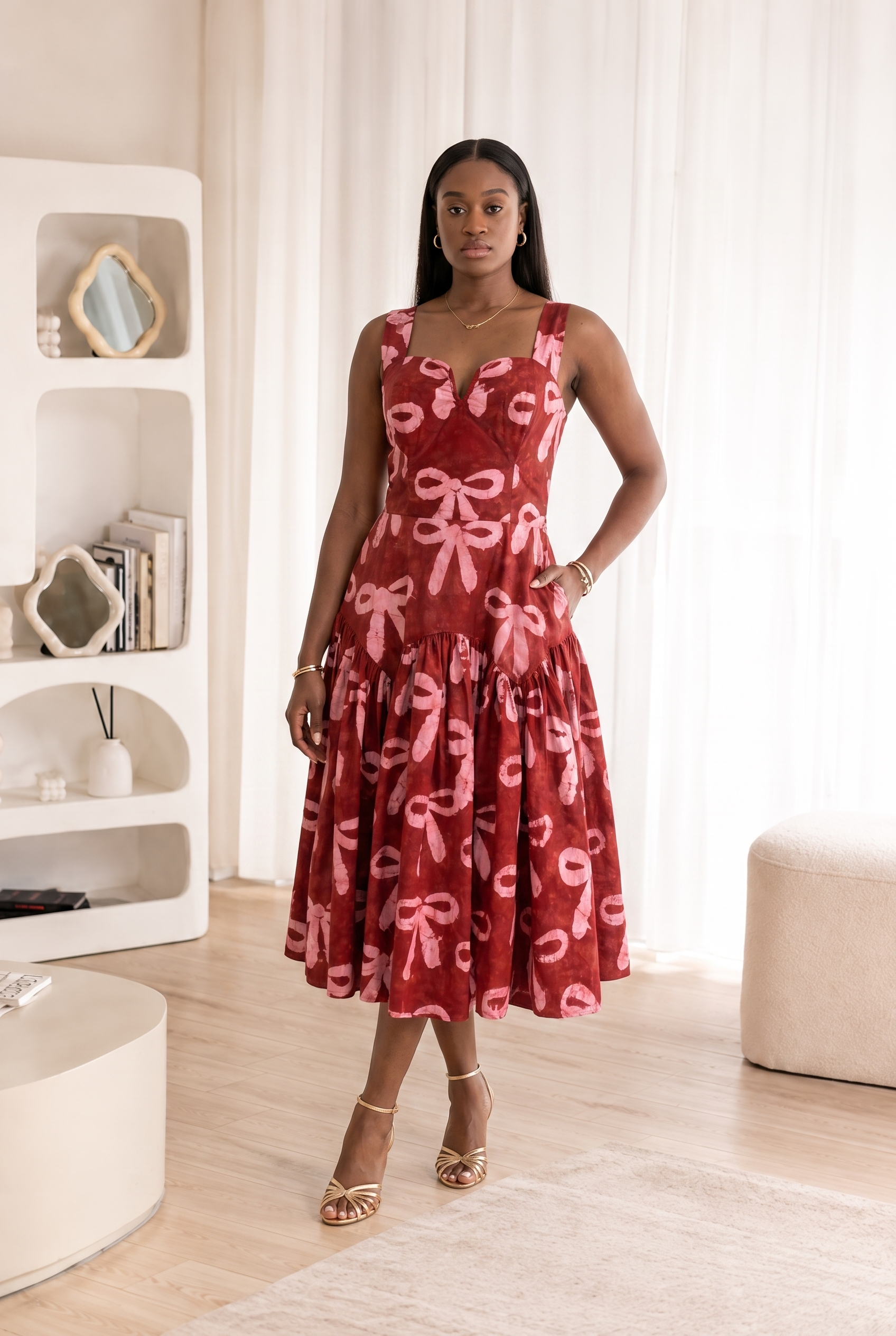 African batik dress, African print midi dress, bow print dress, maroon midi dress, African cotton dress, sweetheart neckline dress, gathered midi dress, African fashion UK, CUMO London dress, occasion dress UK, wedding guest dress, birthday dress, feminine African dress, cotton midi dress, statement midi dress.