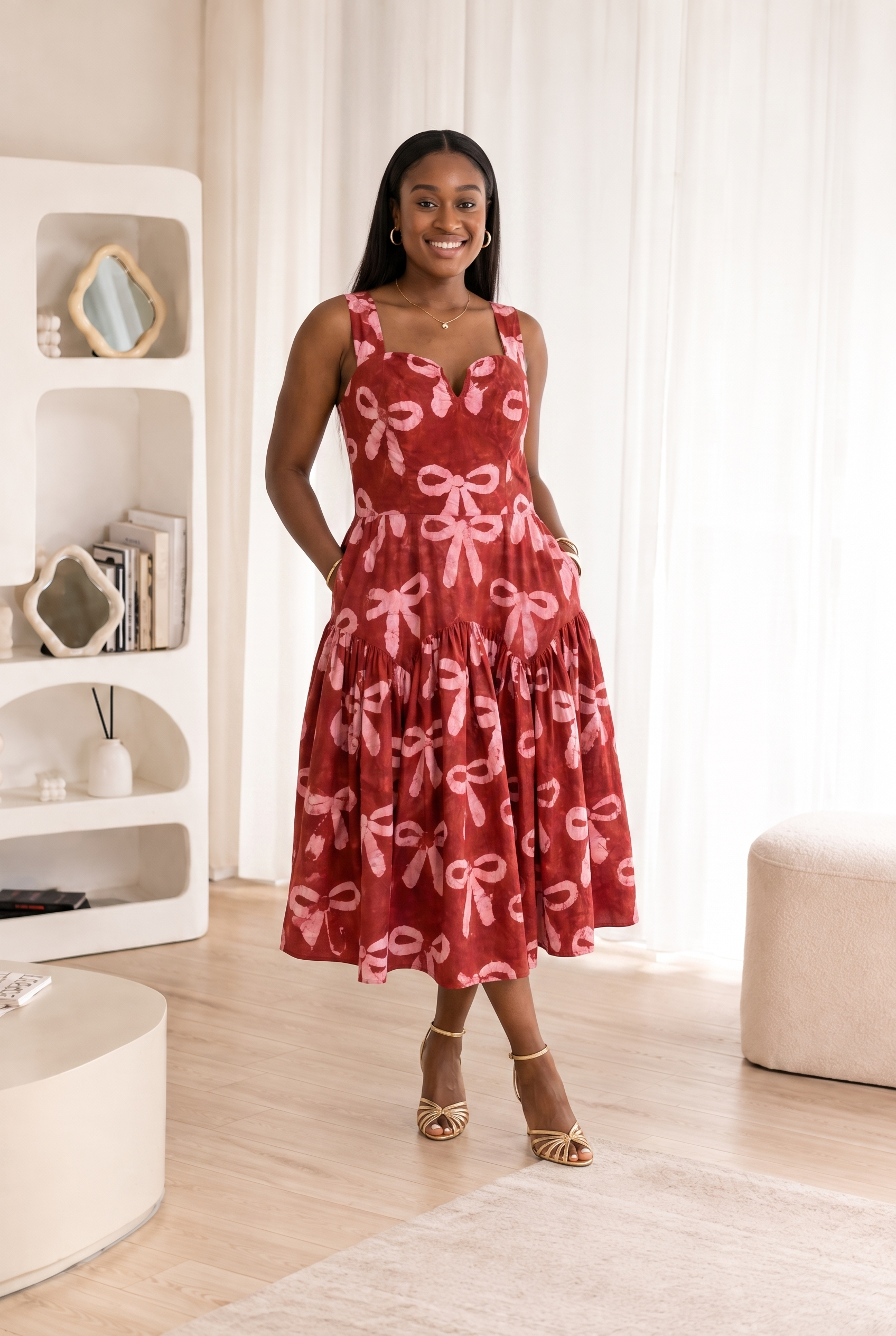 African Adire dress, African print midi dress, bow print dress, maroon midi dress, African cotton dress, sweetheart neckline dress, gathered midi dress, African fashion UK, CUMO London dress, occasion dress UK, wedding guest dress, birthday dress, feminine African dress, cotton midi dress, statement midi dress.