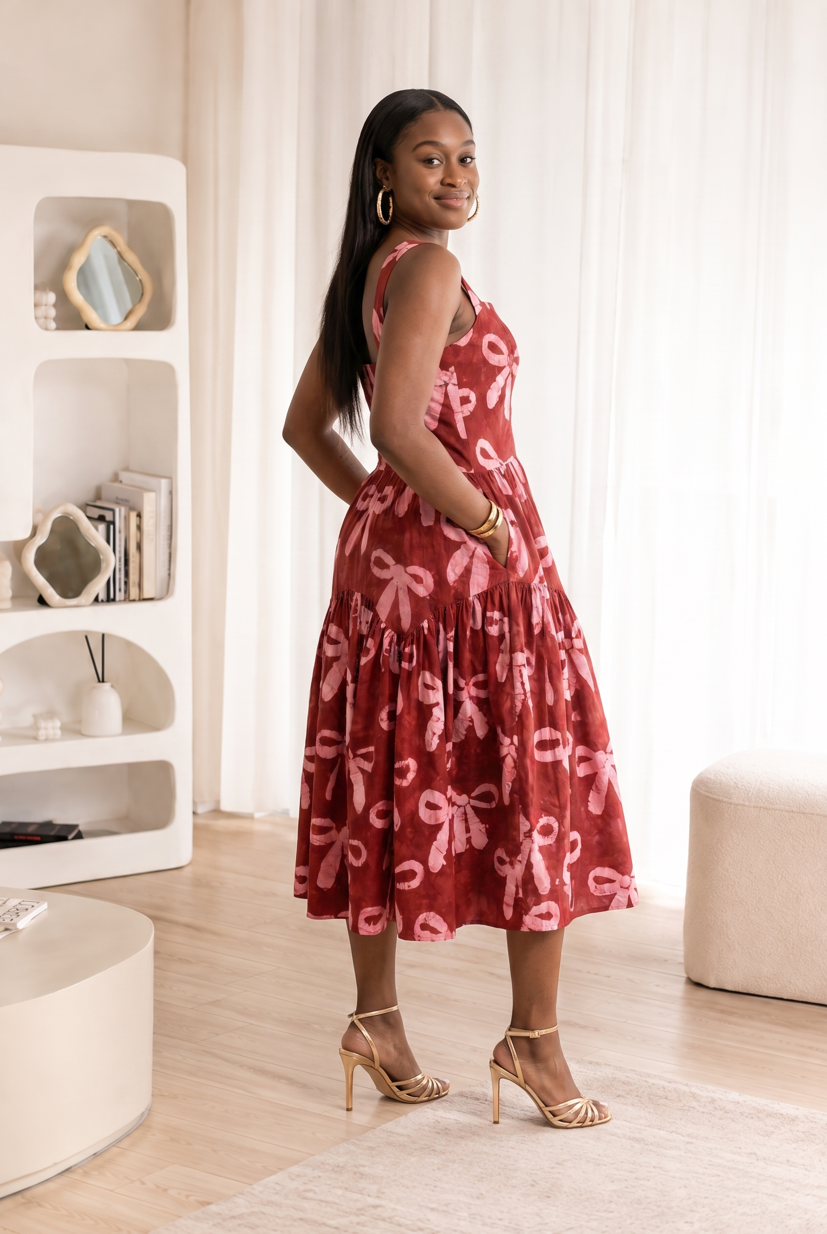 African batik dress, African print midi dress, bow print dress, maroon midi dress, African cotton dress, sweetheart neckline dress, gathered midi dress, African fashion UK, CUMO London dress, occasion dress UK, wedding guest dress, birthday dress, feminine African dress, cotton midi dress, statement midi dress.