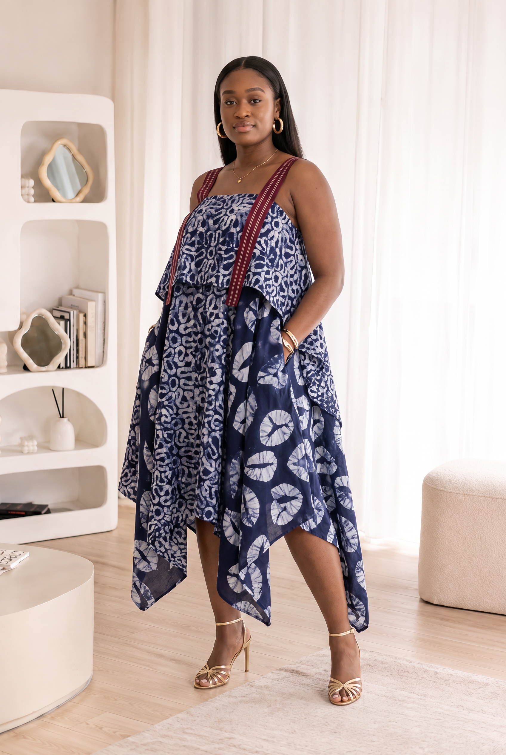 African boubou dress, African batik dress, handkerchief dress, African kaftan dress UK, indigo batik dress, Asoke dress, Aso Oke detail dress, African print kaftan, oversized boubou dress, contemporary African fashion, African resort wear, African clothing UK, CUMO London dress, luxury African dress, batik cotton dress, statement African dress.