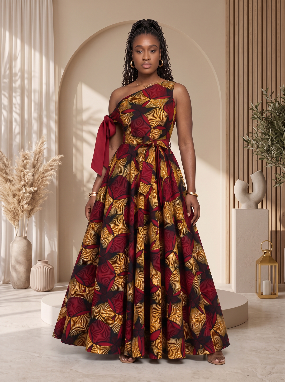 Asymmetric African Print Maxi dress perfect for any special occasion, African print maxi gown, plus size African fashion UK, puff sleeve maxi dress, colourful summer dress, statement occasion dress, luxury African clothing, vibrant maxi dress for women, African-inspired summer fashion, wedding guest dress UK, Celebrate Black History Month with Culture Dresses from CUMO London 