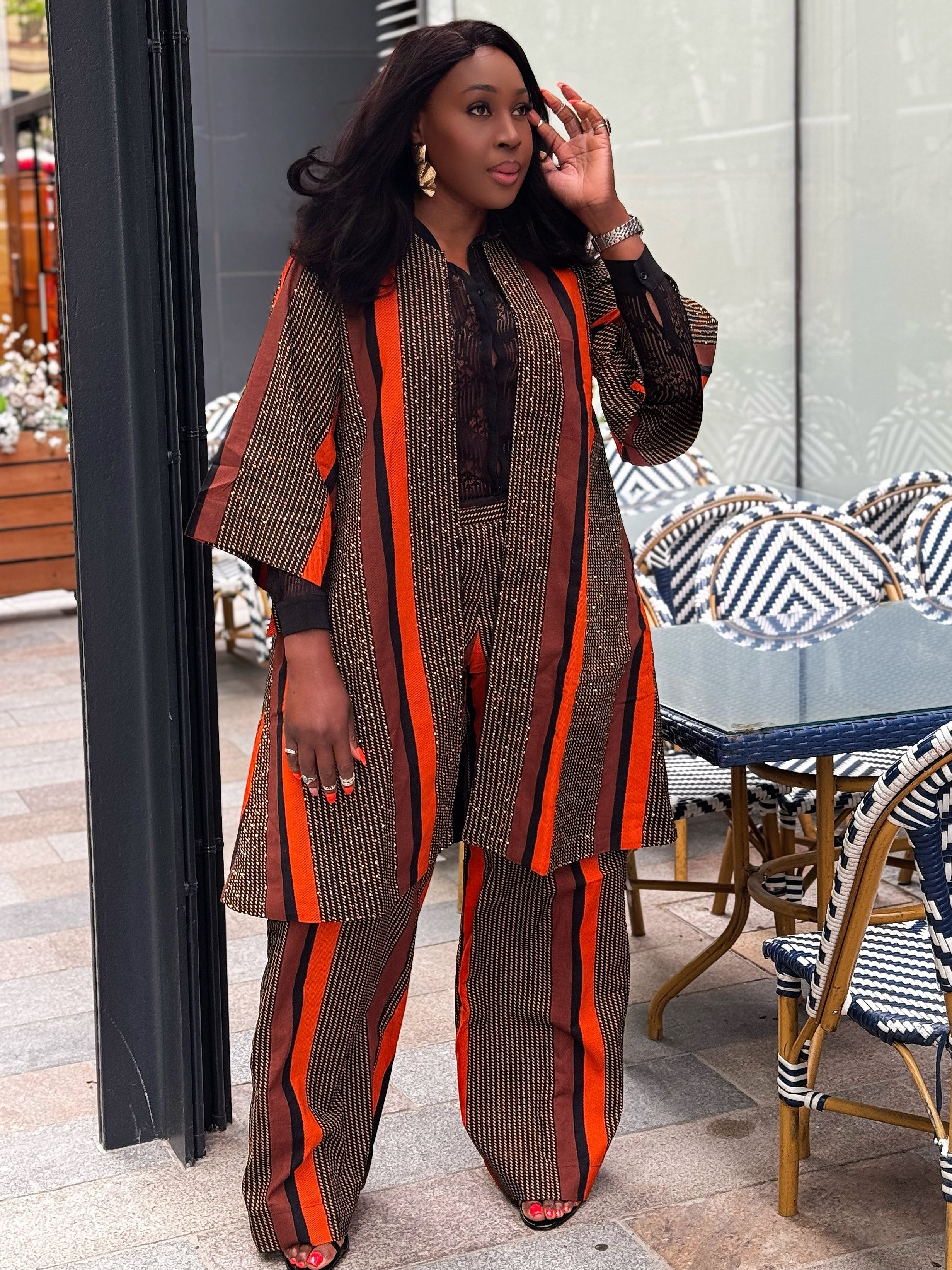 African Print outerwear | African print Jacket | Ankara kimono with headwrap| African Print Outerwear | Fall Fashion for African women | sustainable African Fashion | recycled African print clothing | Ethically sourced fashion | ethically sourced clothing | handmade clothing | African clothing for women | Ankara jacket | Tribal prints kimono | Floral African print clothing | Cotton Blazer | African print workwear | African clothing UK | Black-owned fashion brand | Kimono and Shorts set