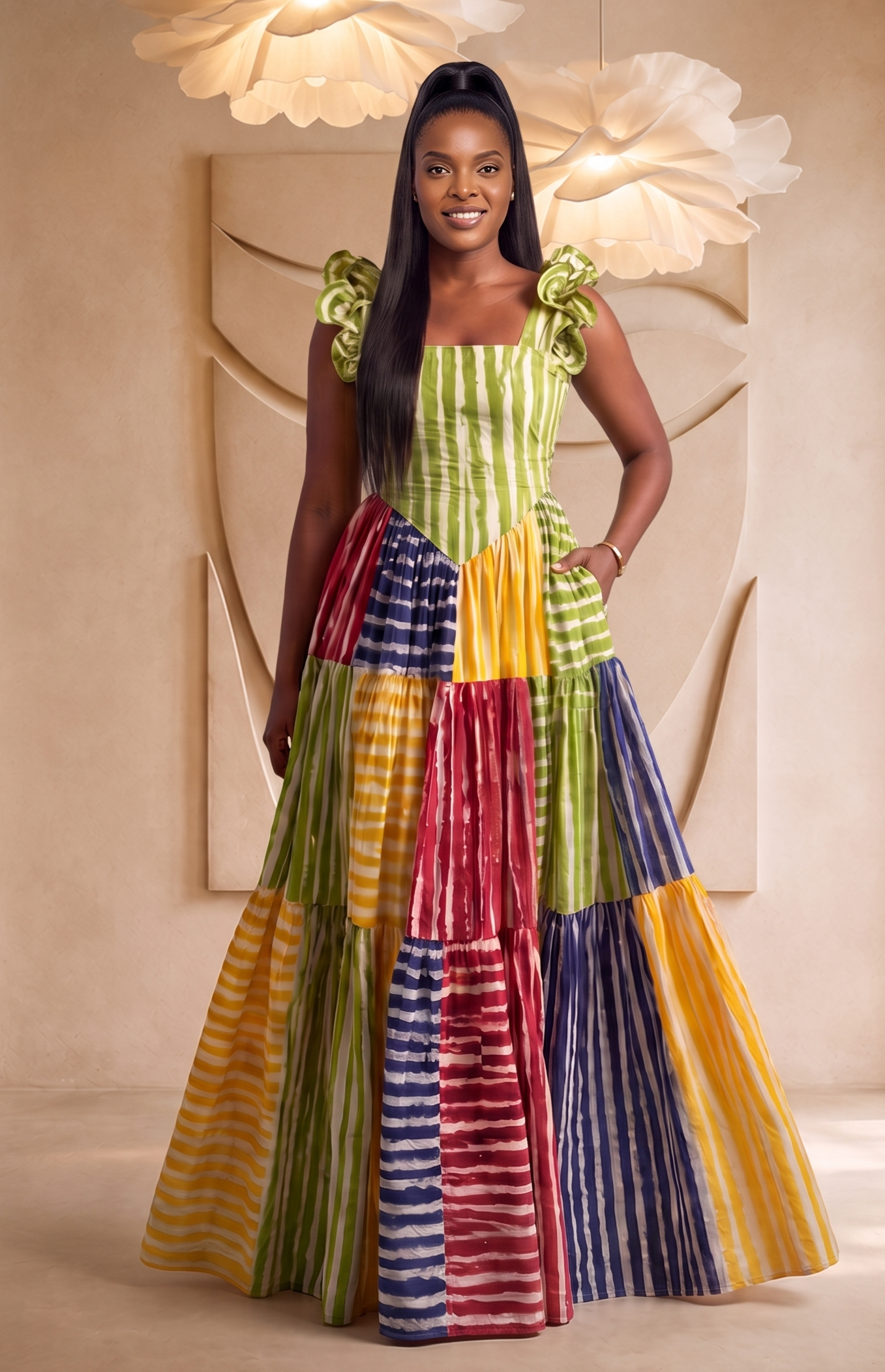 Woman wearing a colorful patchwork dress in an elegant indoor setting. African print maxi dress from CUMO London, trendy African clothing, summer outfits perfect for summer. Tiered maxi dress handmade with Adire