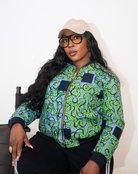 Reversible African Print Bomber Jacket with Denim on the inner reverse | African print Biker Jacket | Ankara print Bomber Jacket | African Print Outerwear | African Winter  style for women | sustainable African Fashion | recycled African print clothing | Ethically sourced fashion | ethically sourced clothing | handmade clothing | African clothing for women | Ankara jacket | Tribal prints kimono | Floral African print clothing | Cotton Blazer | African print workwear | African clothing UK 