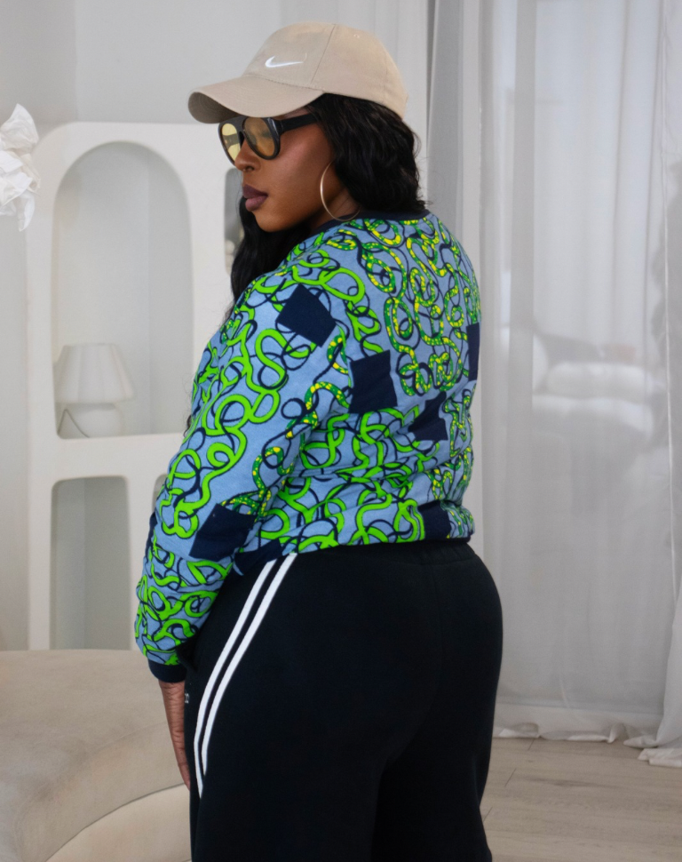 Reversible African Print Bomber Jacket with Denim on the inner reverse | African print Biker Jacket | Ankara print Bomber Jacket | African Print Outerwear | African Winter  style for women | sustainable African Fashion | recycled African print clothing | Ethically sourced fashion | ethically sourced clothing | handmade clothing | African clothing for women | Ankara jacket | Tribal prints kimono | Floral African print clothing | Cotton Blazer | African print workwear | African clothing UK 