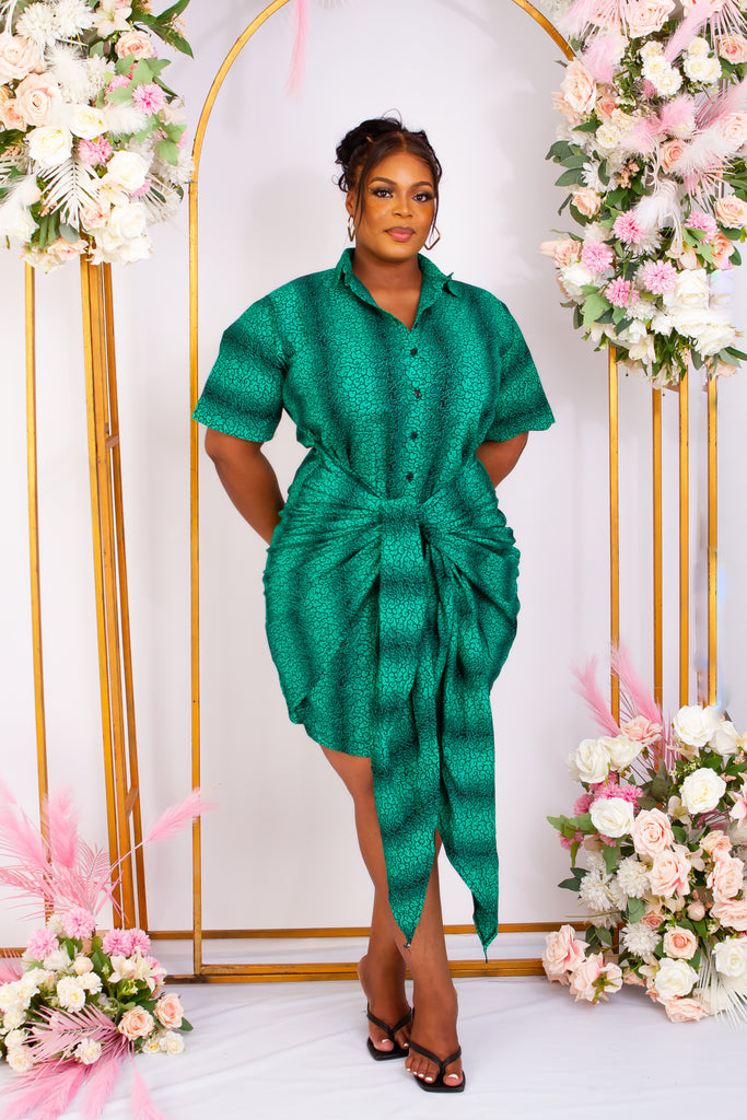 Green African Print Bodycon mini shirt dress perfect for a causal style. Short sleeve and front tie for an added edgy and chic look. Shop Ghana African print dress | African dress | African print Dress | African Clothing Online  Shop | Short African dress |  african women's clothing  | kitenge dresses | Africa Dresses for Women | African dresses for wedding | Danshiki Dress | Trendy African Dress | African clothing UK