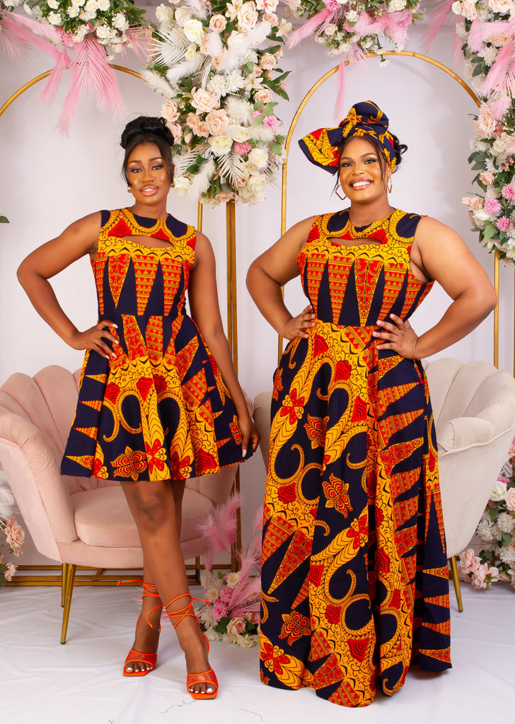 Vibrant Yellow and Navy Blue African Print flare maxi dress perfect for a special occasion. Sleeveless with bust cut out for an edgy and chic look. Shop Ghana African print dress | African maxi dresses | African print gown | African Clothing Online  Shop | Maxi African dress |  African women's clothing  | kitenge dresses | Africa Dresses for Women | African dresses for wedding | Danshiki Dress | Trendy African Dress | African clothing UK