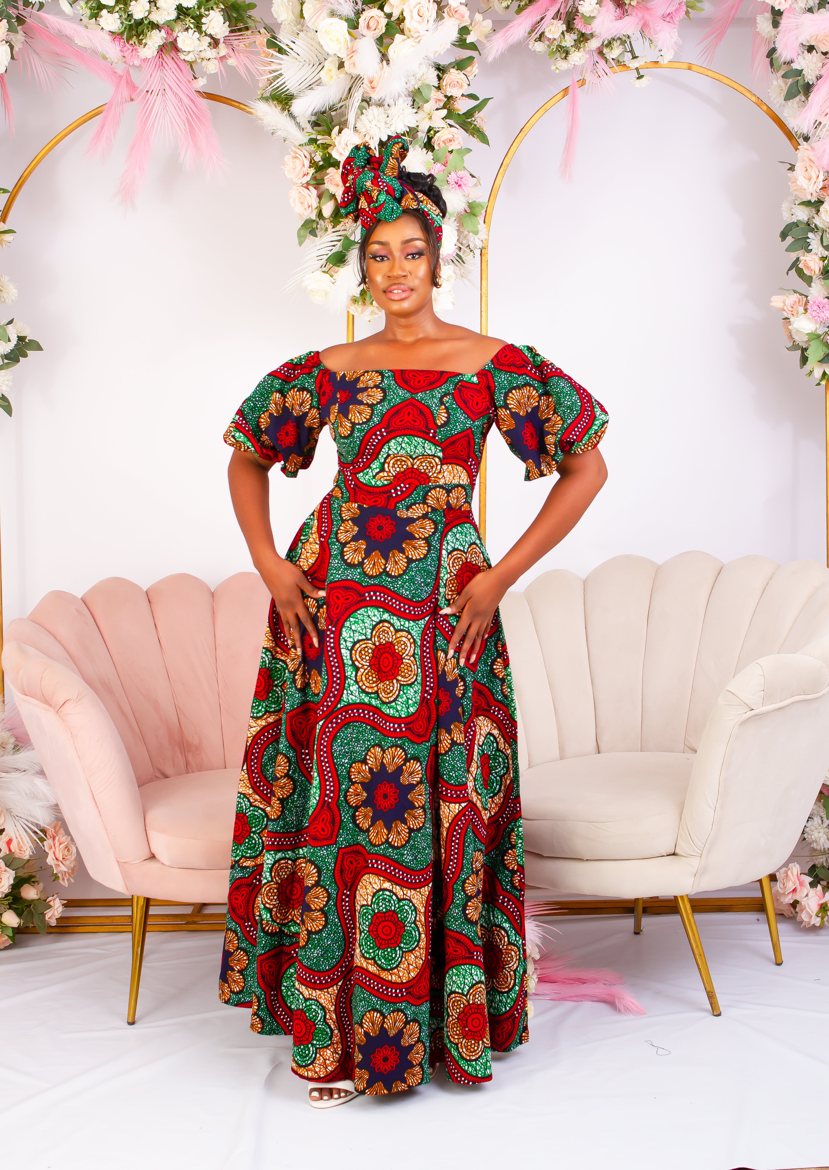 African Print Puff Sleeve Maxi Dress Uriah UK 10 US 6 EUR 38
