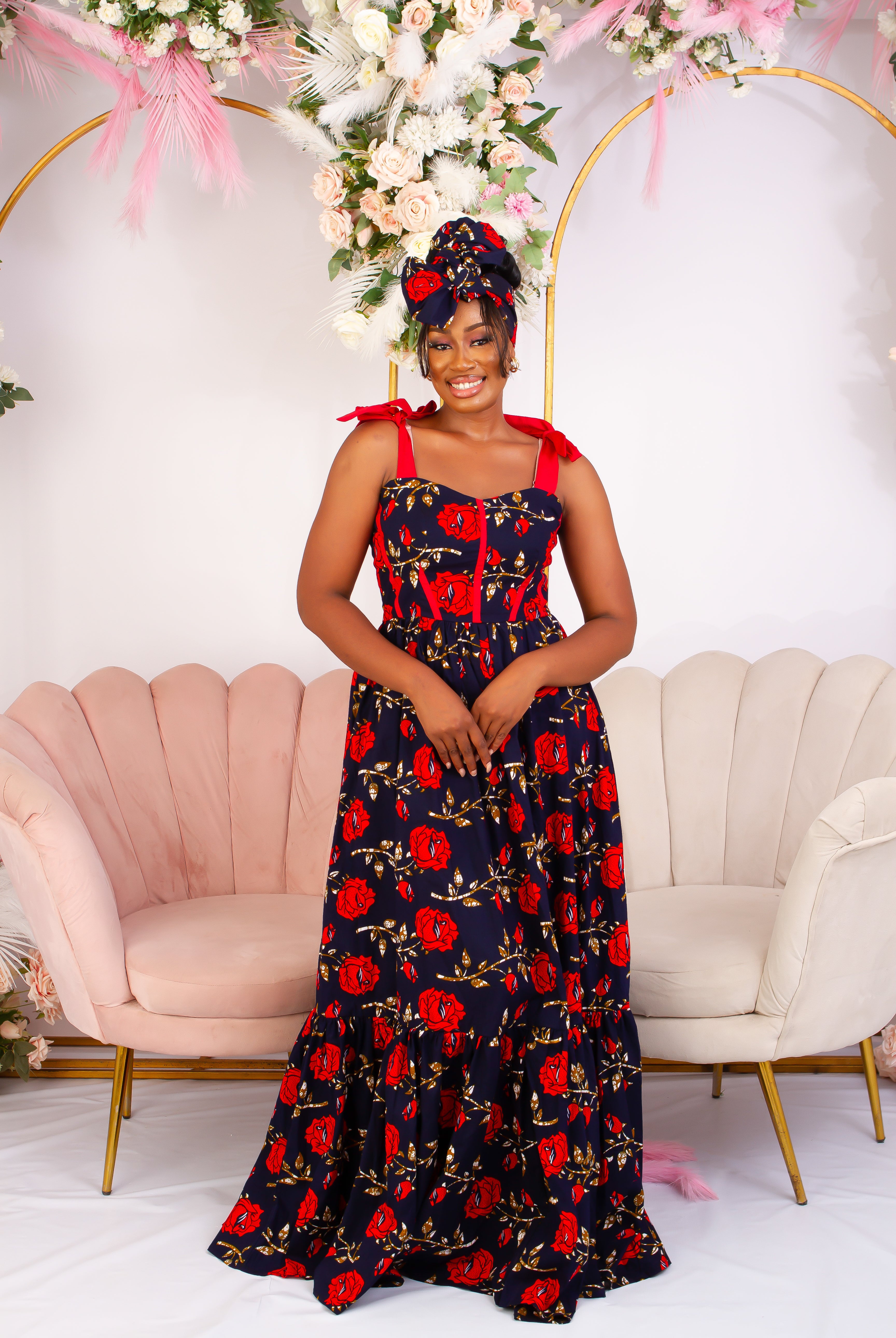 Discover this beautiful Navy Blue with Red Rose African Print Maxi Dress. Adjustable Red sleeves and 2 step gown. Ghana African dress | wedding guest dress | African dress | African print Dress | African Clothing Online  Shop | Short African dress |  african women's clothing  | kitenge dresses | Africa Dresses for Women | African dresses for wedding | Danshiki Dress | Trendy African Dress | Modern African Clothing | Modern African dress UK | African clothing UK 