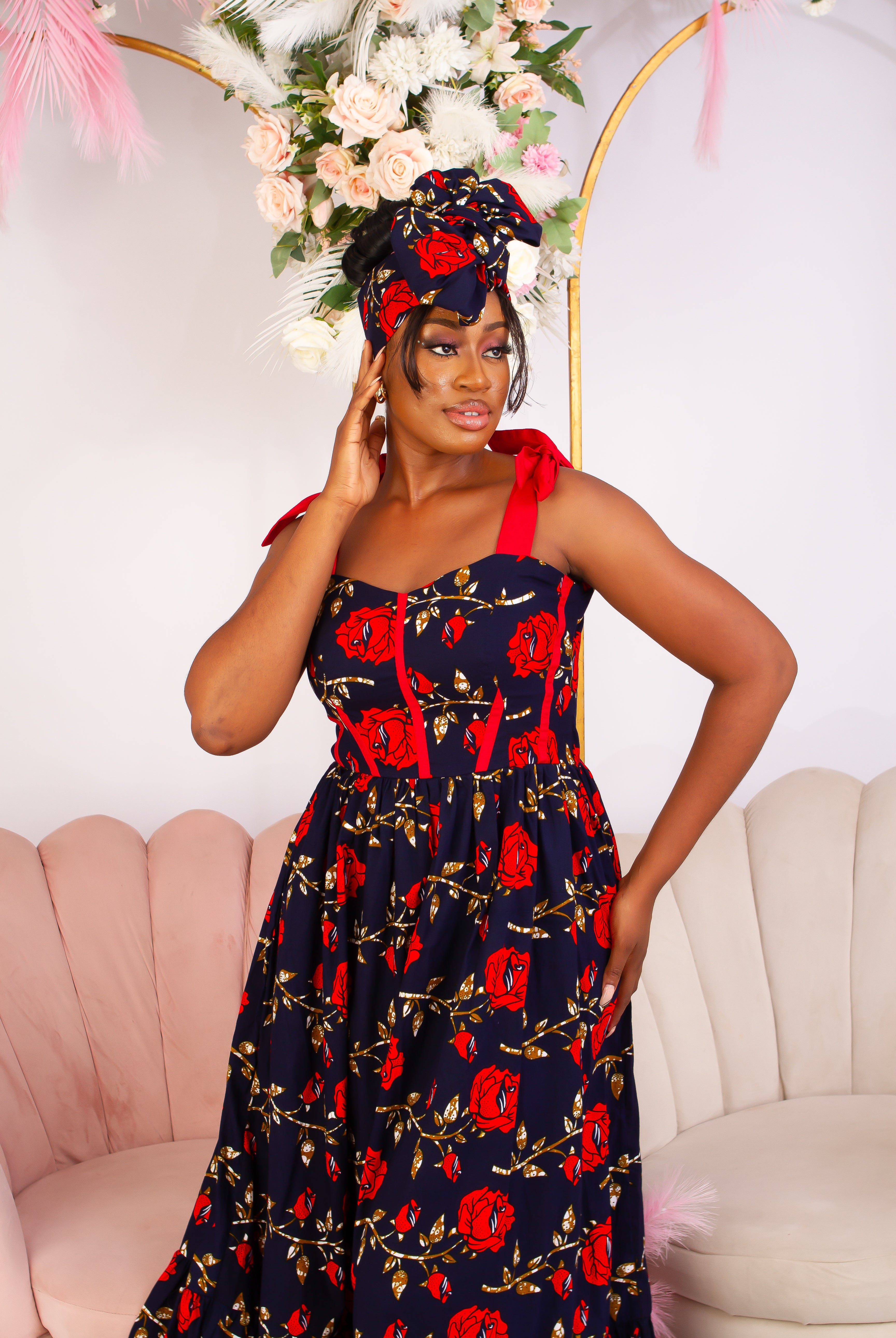 Discover this beautiful Navy Blue with Red Rose African Print Maxi Dress. Adjustable Red sleeves and 2 step gown. Ghana African dress | wedding guest dress | African dress | African print Dress | African Clothing Online  Shop | Short African dress |  african women's clothing  | kitenge dresses | Africa Dresses for Women | African dresses for wedding | Danshiki Dress | Trendy African Dress | Modern African Clothing | Modern African dress UK | African clothing UK 