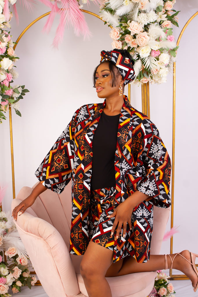 Discover trendy sustainable African apparel in the UK. Handmade African Print Kimono, African print coverups, outerwear for a day on the beach African print Jacket| Ankara jacket | Tribal prints kimono | Floral African print clothing | Cotton Blazer | African print workwear | African clothing UK | Black-owned fashion brand | UK Based African Fashion Brand