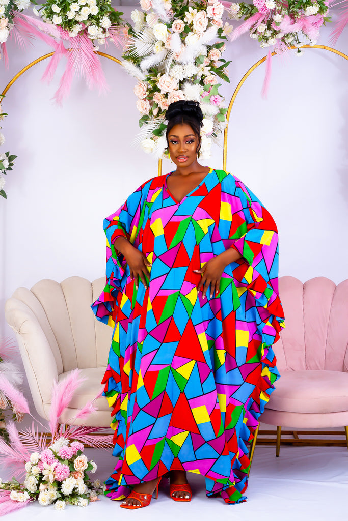 Shop African inspired clothing, African boubou, bubu, Maxi  Kaftan, African crepe gown, this long bubu kaftan for women  is handmade with multicoloured crepe fabric. V neckline with frill sleeves. 