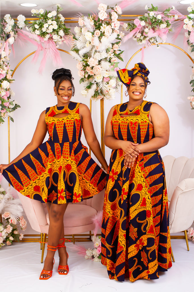 Vibrant Yellow and Navy Blue African Print flare maxi dress perfect for a special occasion. Sleeveless with bust cut out for an edgy and chic look. Shop Ghana African print dress | African maxi dresses | African print gown | African Clothing Online  Shop | Maxi African dress |  African women's clothing  | kitenge dresses | Africa Dresses for Women | African dresses for wedding | Danshiki Dress | Trendy African Dress | African clothing UK