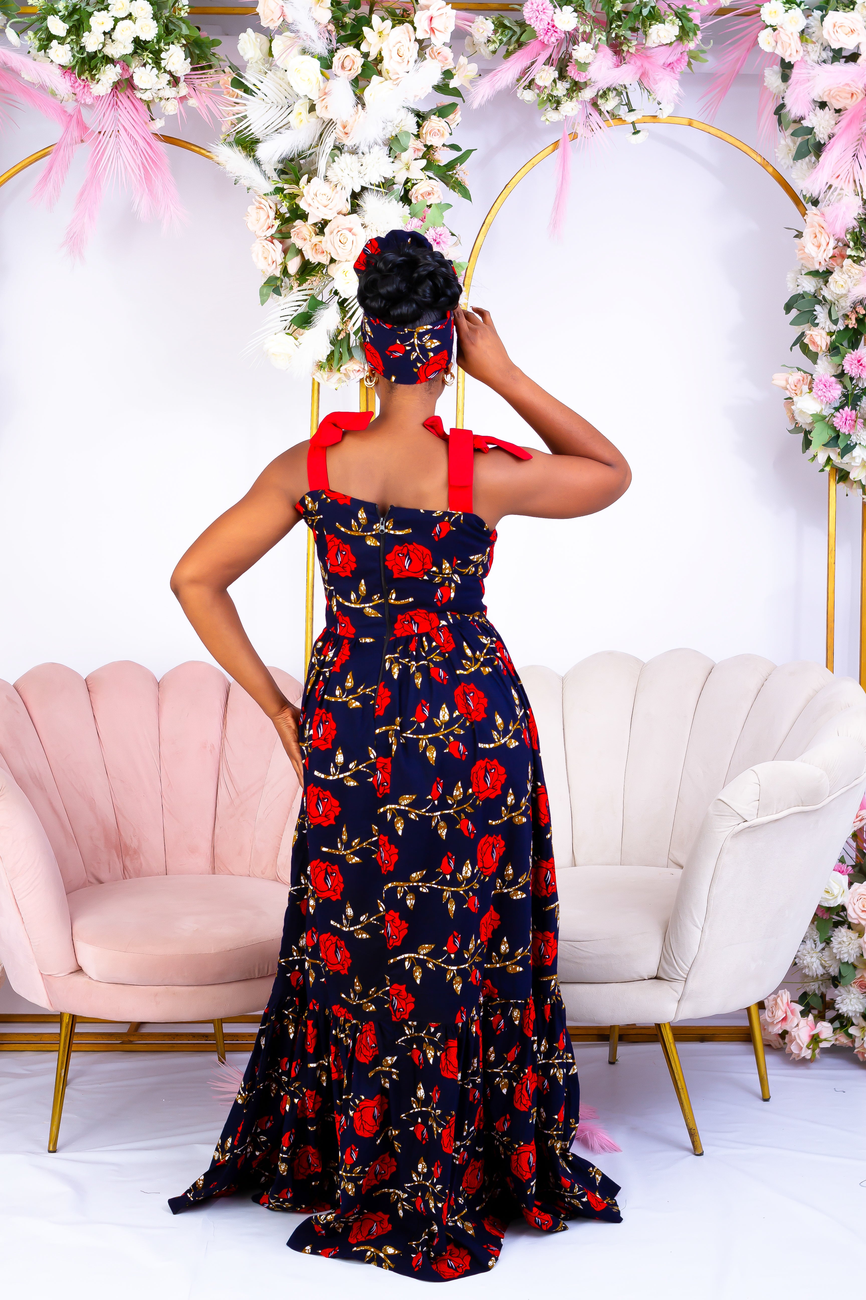 Red Rose African Print 2 Step Maxi Dress Ifuru CUMO LONDON