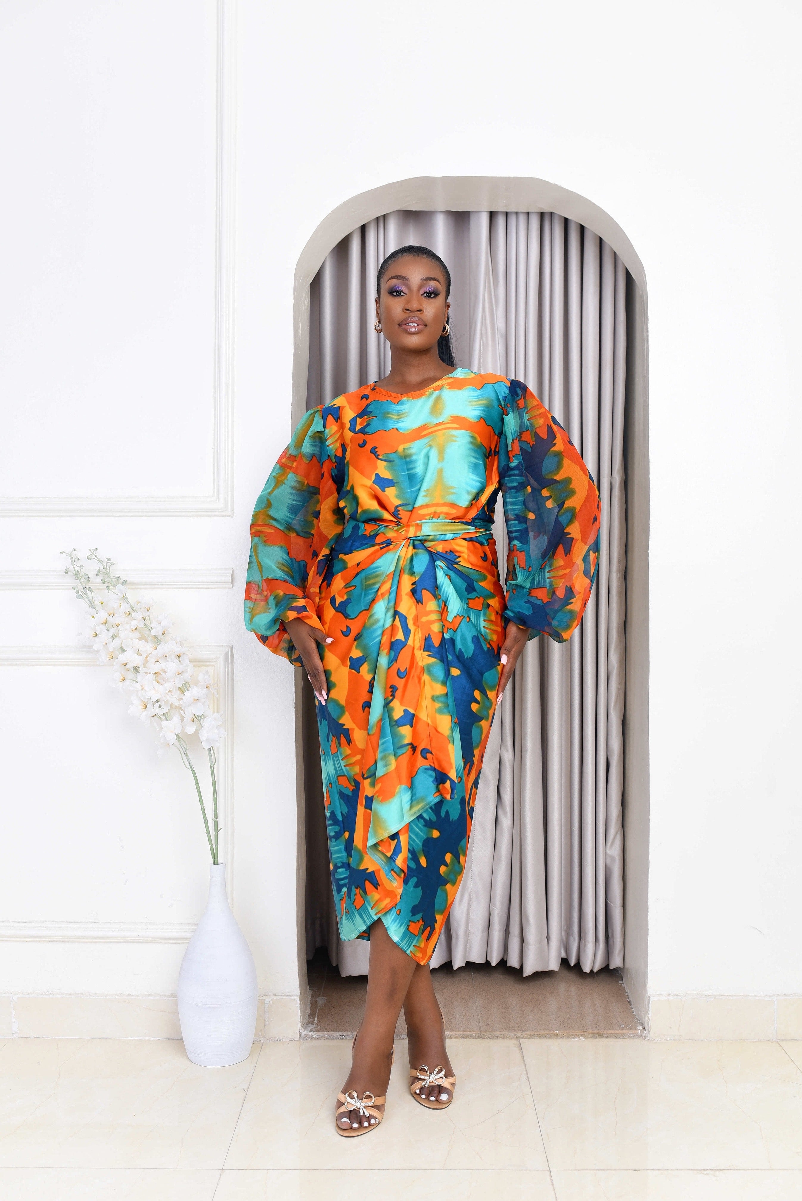 African Print Silk Long Sleeve Wrap Dress Oleku
