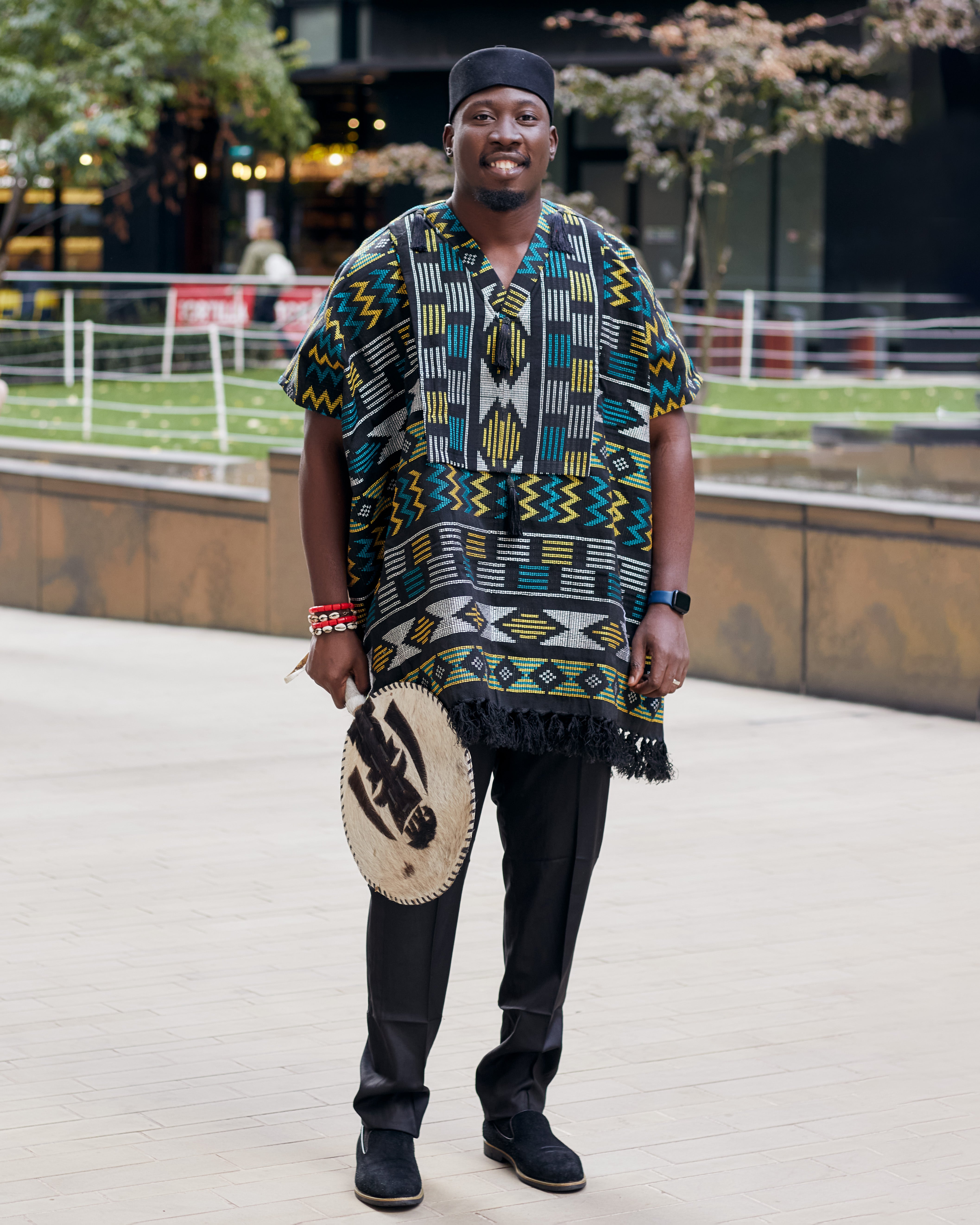 Full length view of Model wearing men’s Akwete kaftans in rich woven designs, perfect for weddings, cultural events, and stylish traditional African menswear.