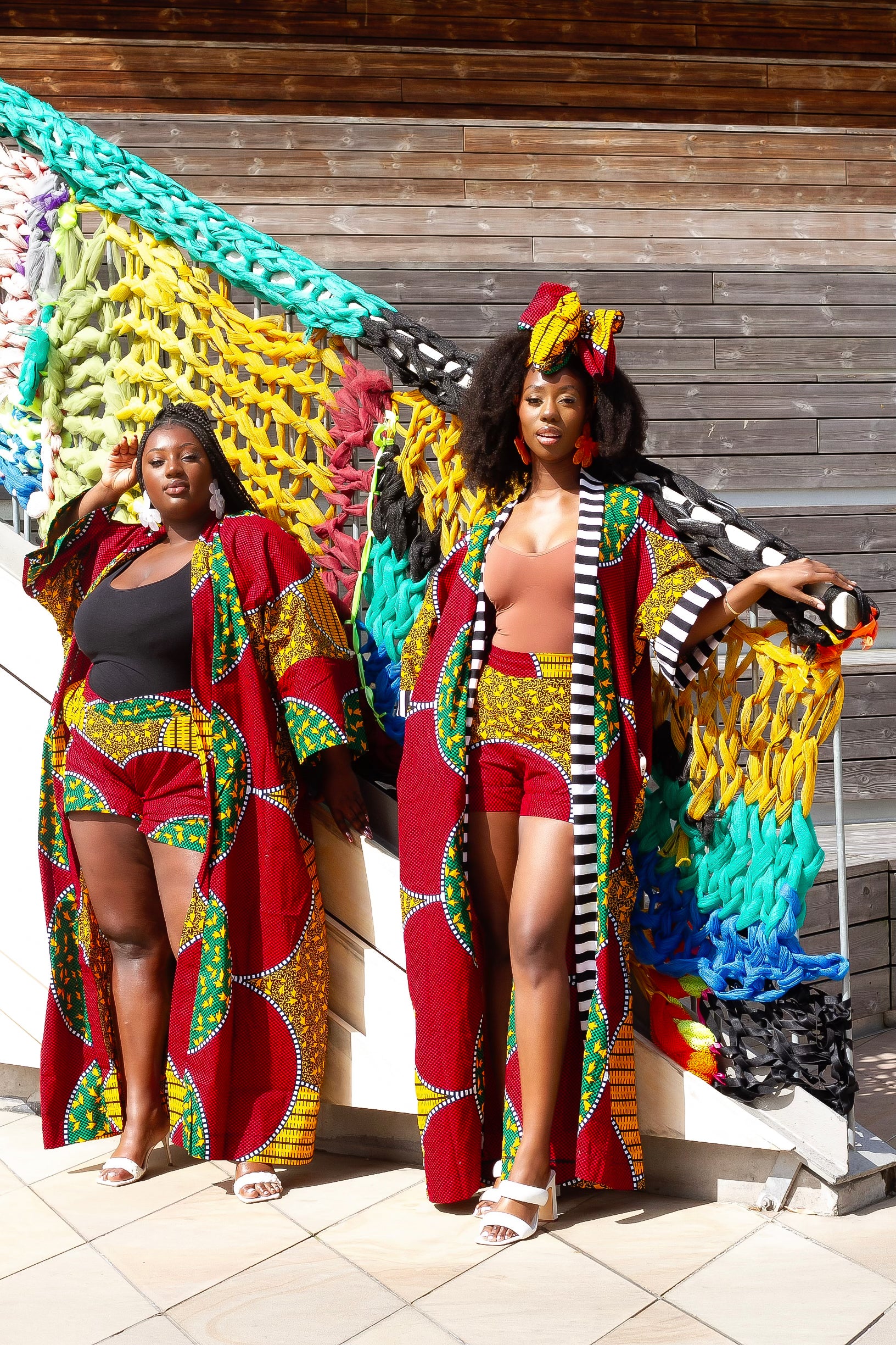 3pcs African Print Long Kimono Jacket Shorts and Headwrap Set Remike UK 8 US 4 EUR 36