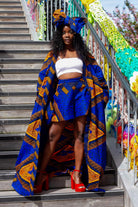 African Print outerwear | African print Jacket | Ankara kimono with headwrap| African Print Outerwear | Fall Fashion for African women | sustainable African Fashion | recycled African print clothing | Ethically sourced fashion | ethically sourced clothing | handmade clothing | African clothing for women | Ankara jacket | Tribal prints kimono | Floral African print clothing | Cotton Blazer | African print workwear | African clothing UK | Black-owned fashion brand | Kimono and Shorts set